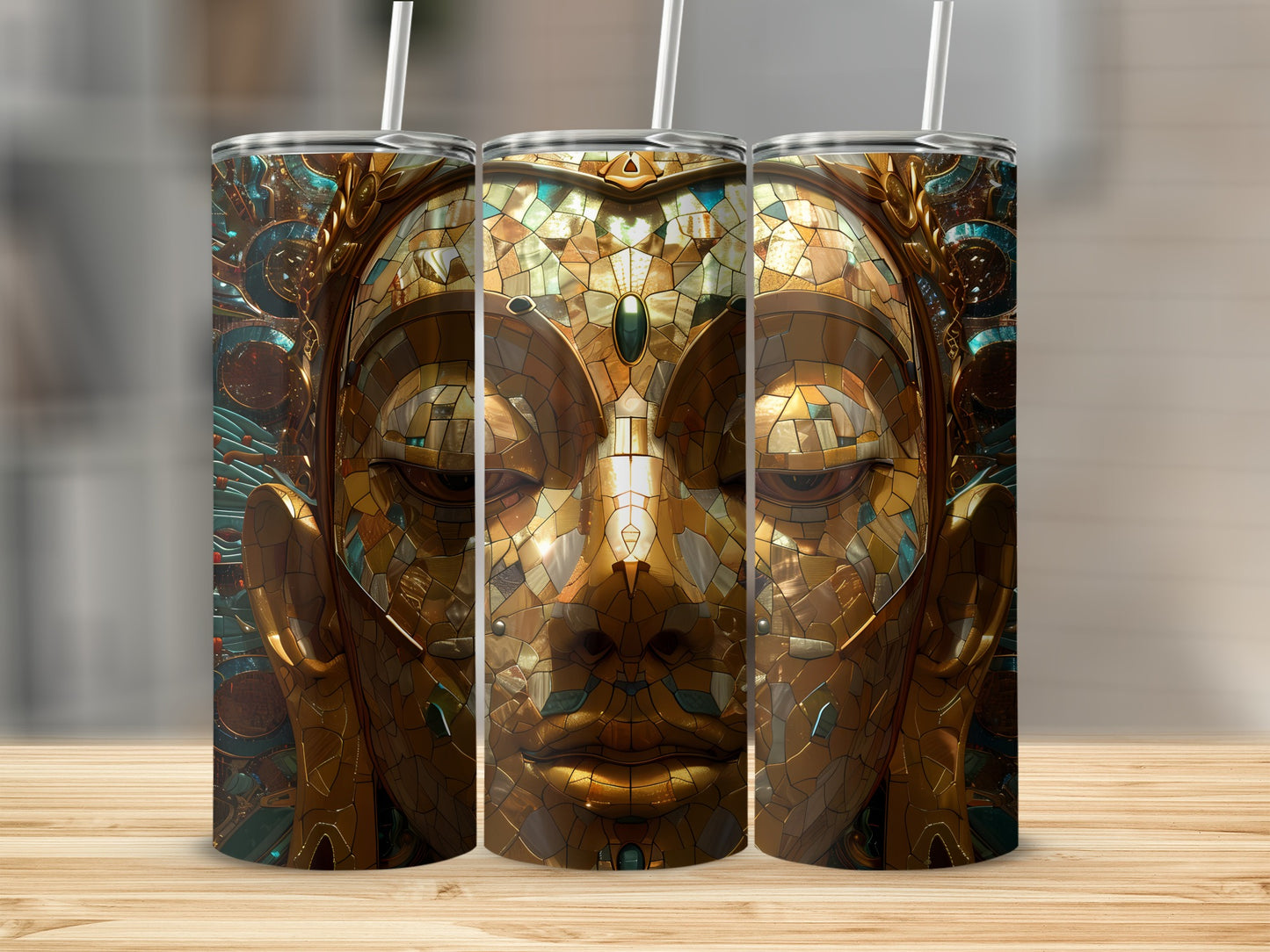 Three identical tumblers with a golden mosaic Buddha face design.