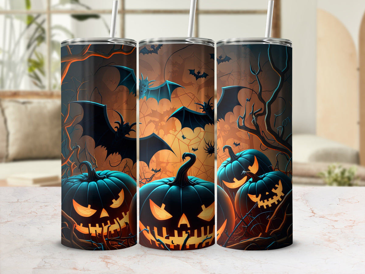 Three Halloween-themed tumblers with jack-o'-lanterns, bats, and spooky branches.