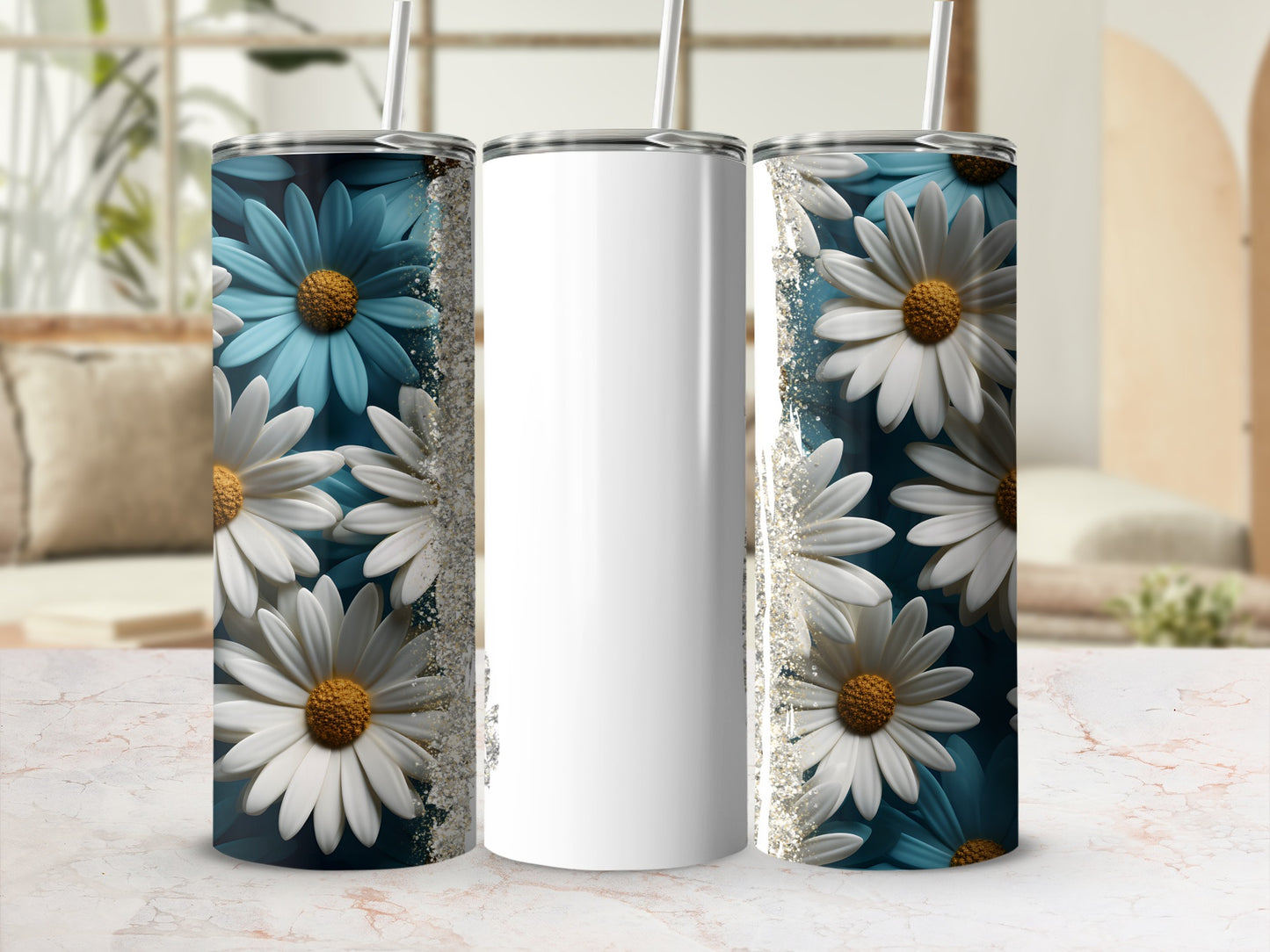 White tumbler with blue and white daisies and glitter accents.