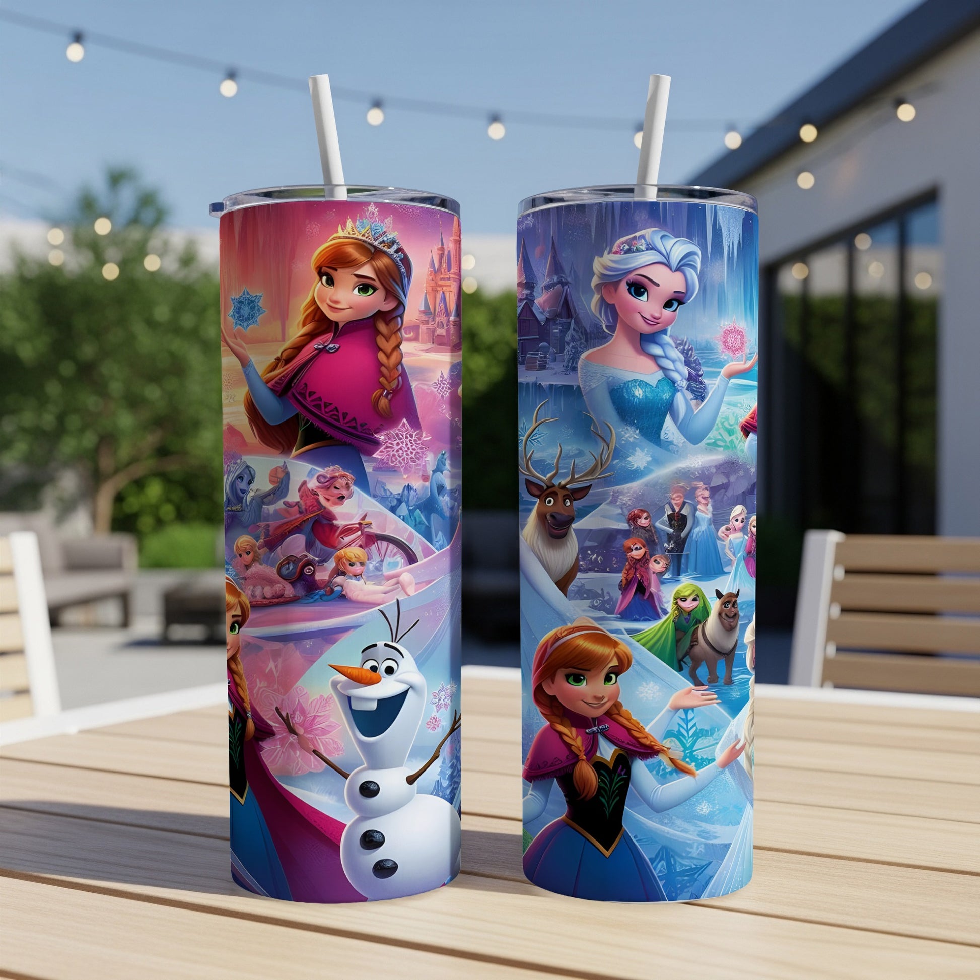 Frozen characters Elsa and Anna with Olaf on a double-sided tumbler.
