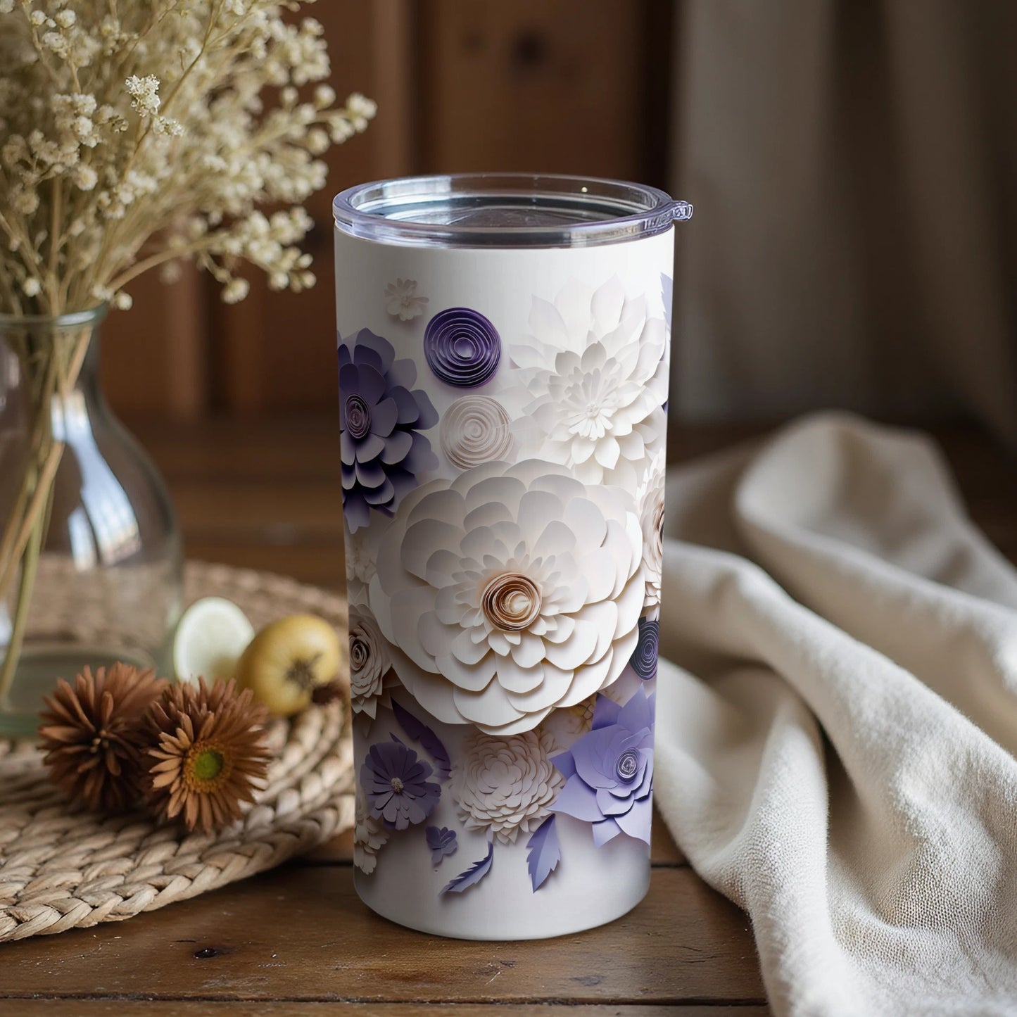 Floral Patterned Tumbler with Lid for Beverages