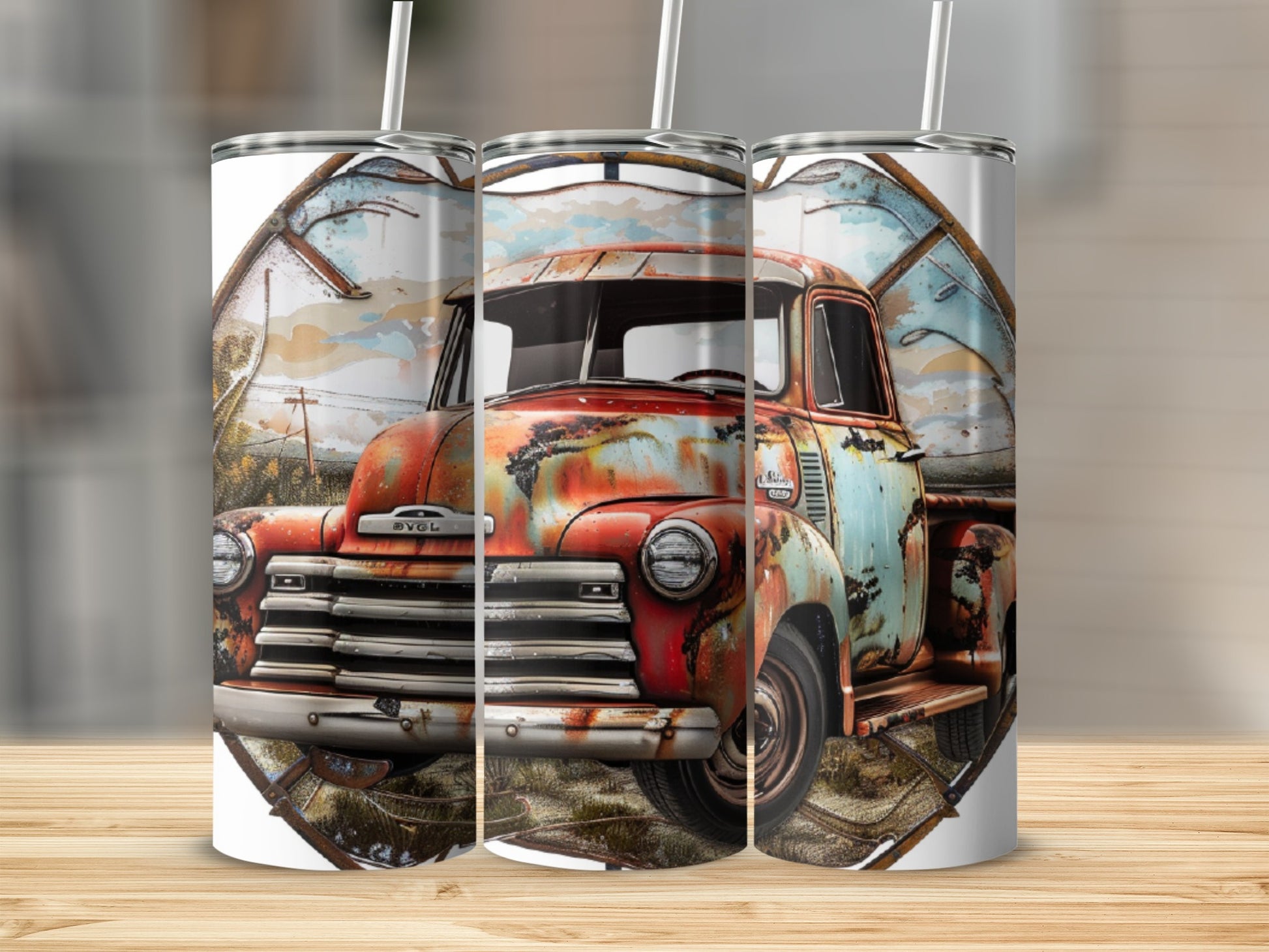 Rusty vintage Chevrolet truck with a scenic background design on a tumbler.