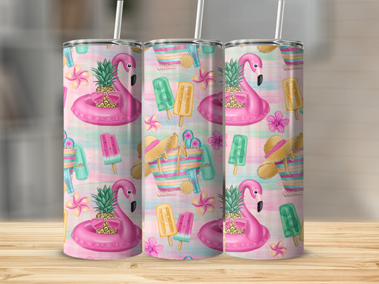 Pink flamingo and pineapple summer pattern on three tumblers.