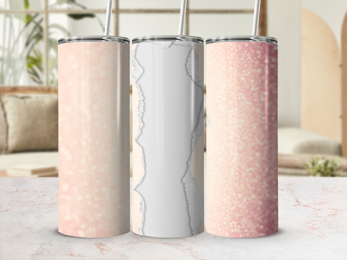 Three rose gold glitter tumblers with ripped paper design.