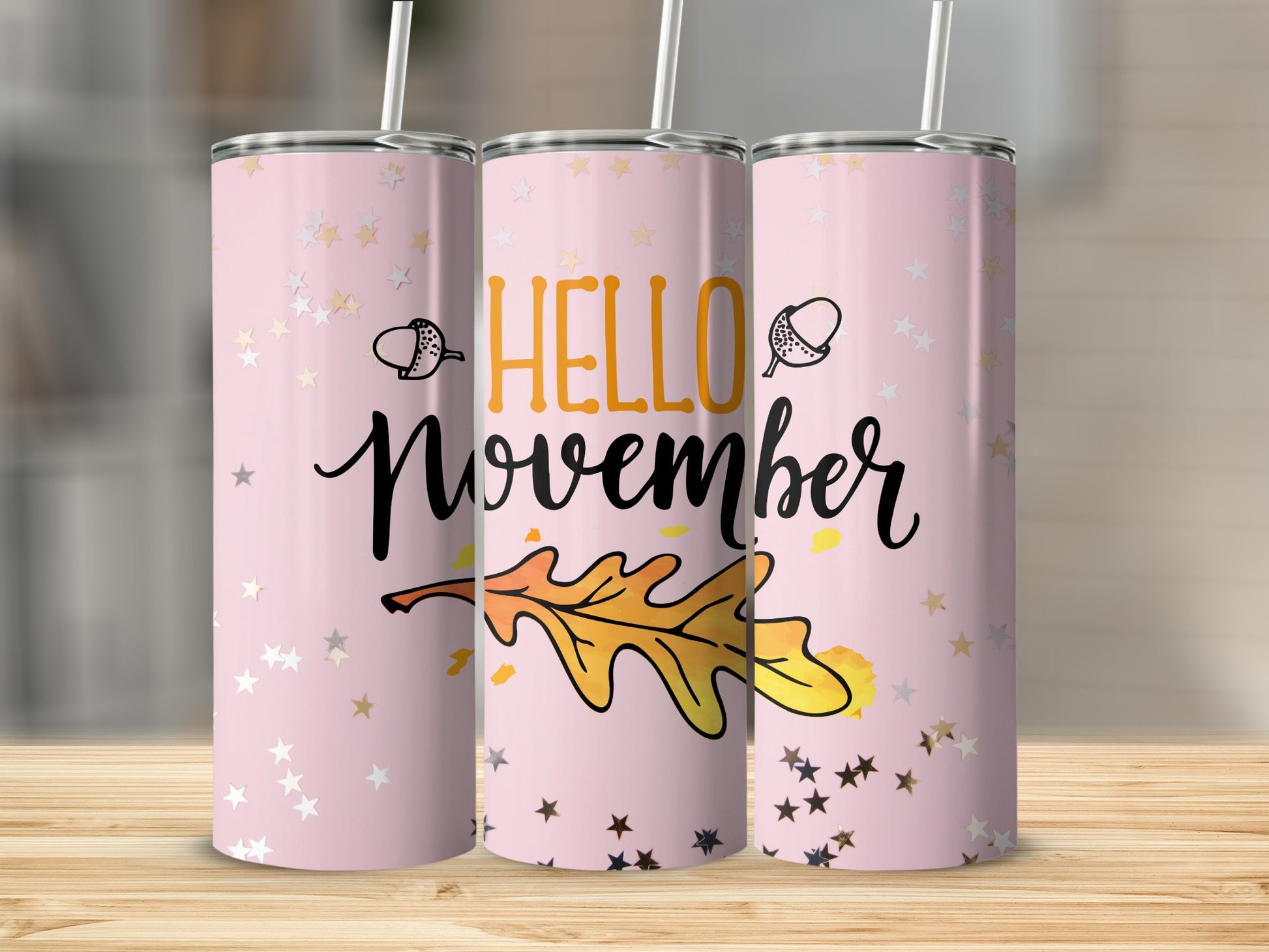 Hello November Decorated Tumbler with Autumn Leaf Design