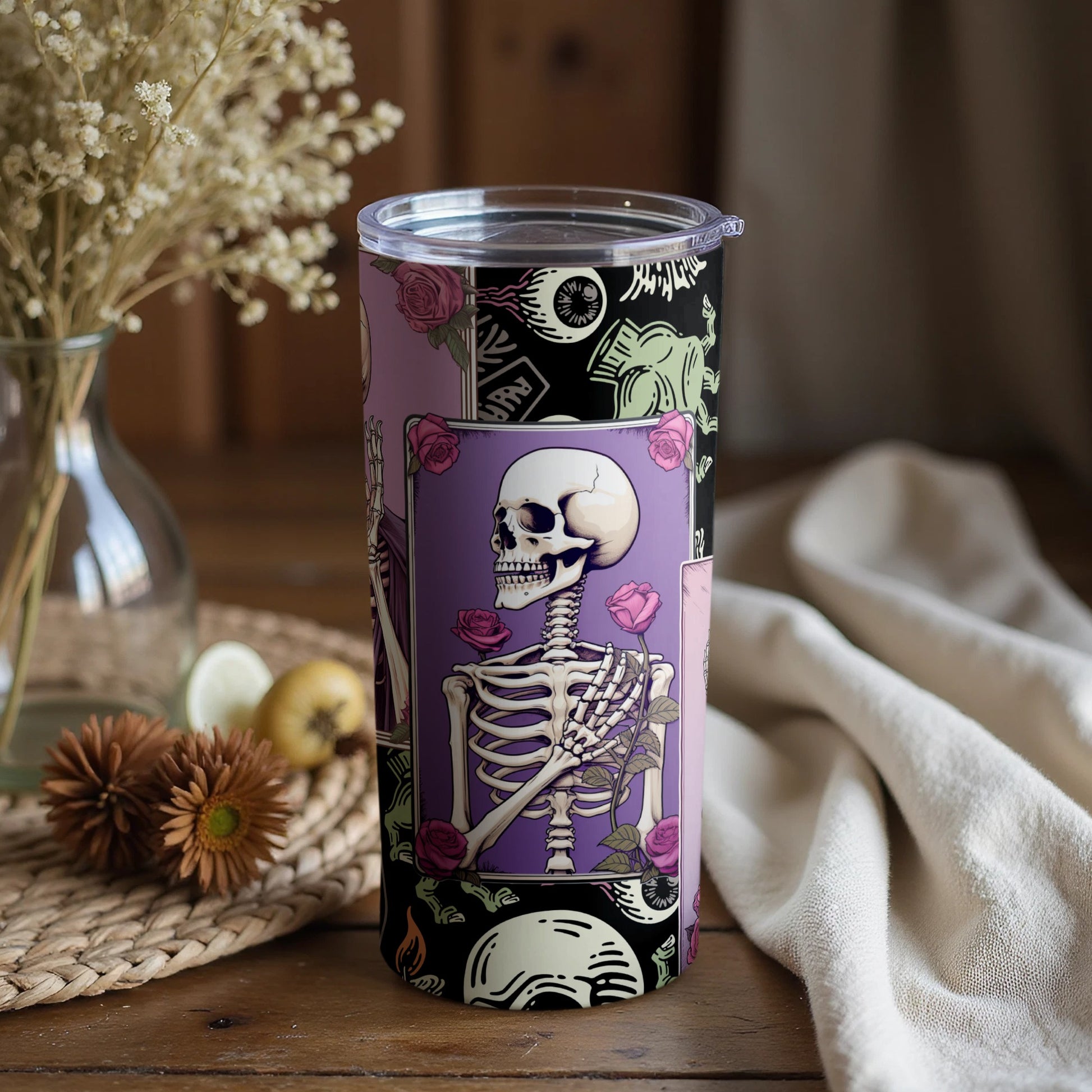 Skeleton Design Tumbler Featuring Roses and Skeleton