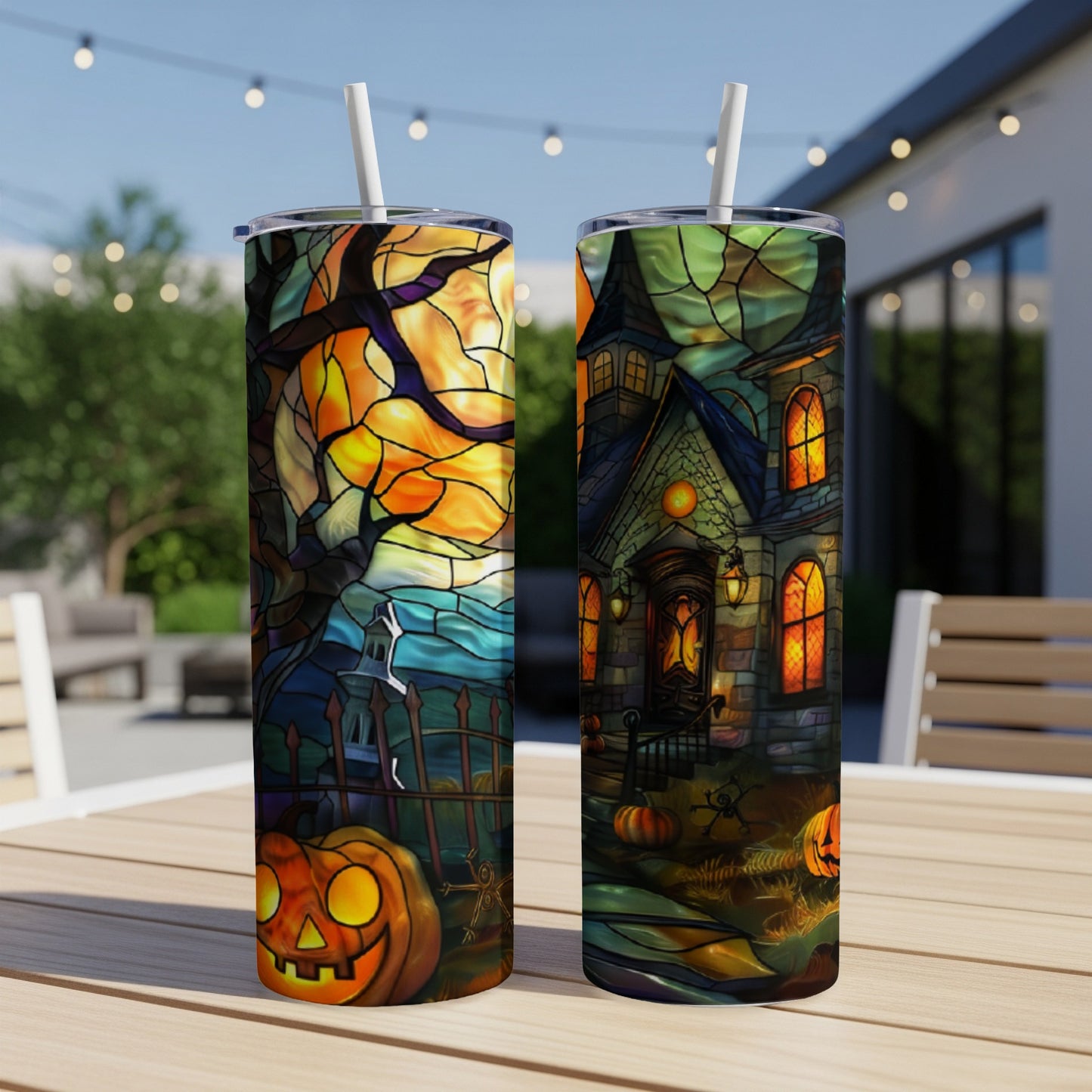Two tumblers with a spooky Halloween house and pumpkin scene.