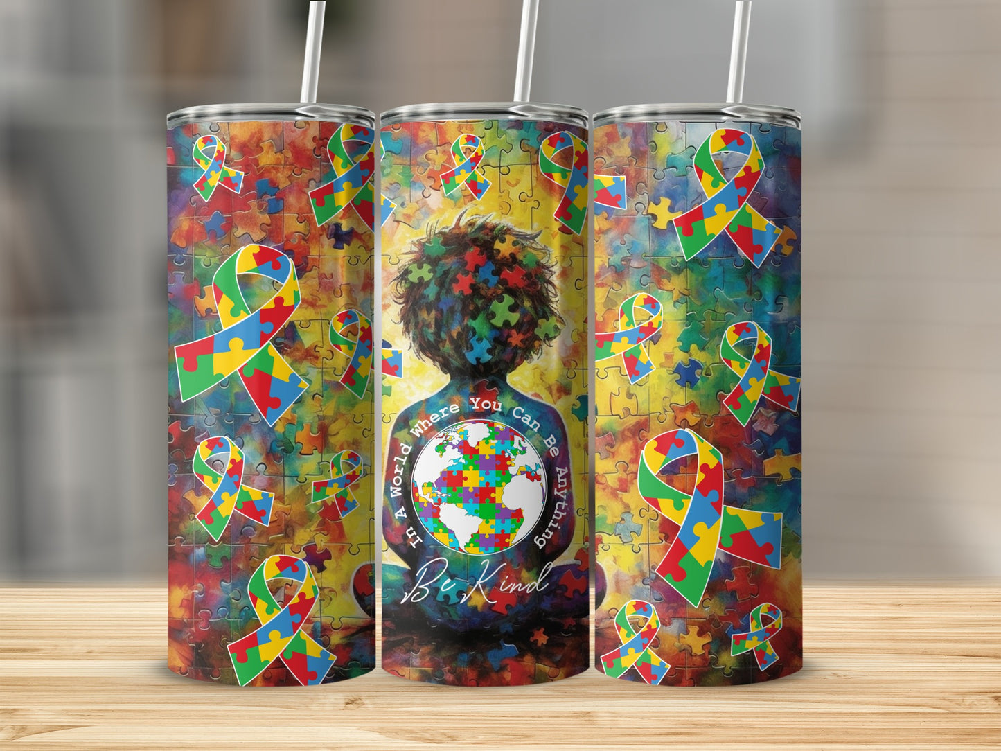 Tumbler with colorful puzzle pieces and "In a world where you can be anything, be kind" text.