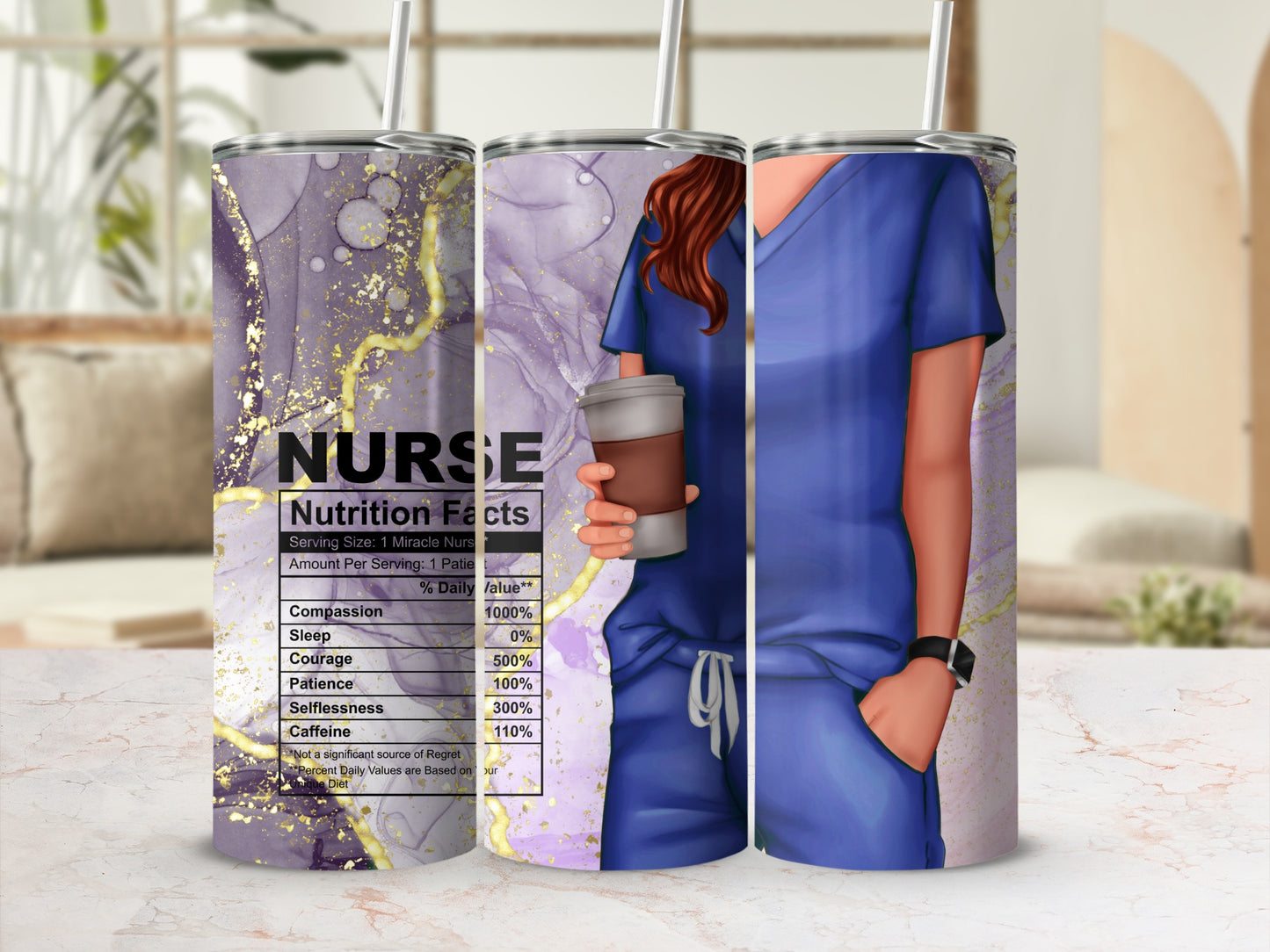 Purple marbled tumbler with "Nurse Nutrition Facts" label, showing vitamins like Compassion and Courage.