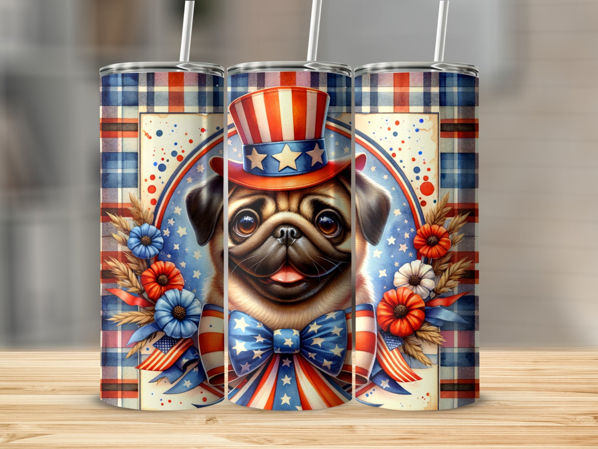 Pug wearing patriotic hat and bow tie with red, white, and blue floral wreath.