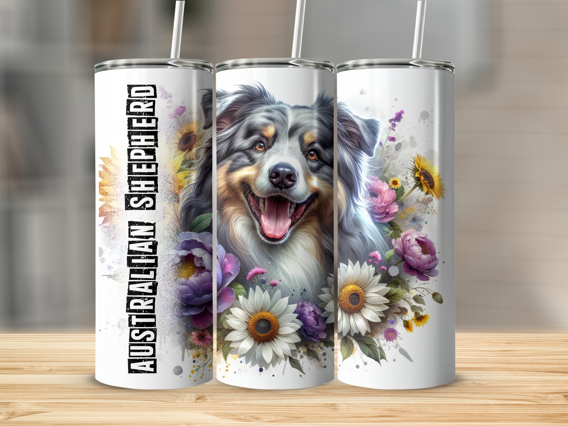 Australian Shepherd dog with flowers on a white tumbler.