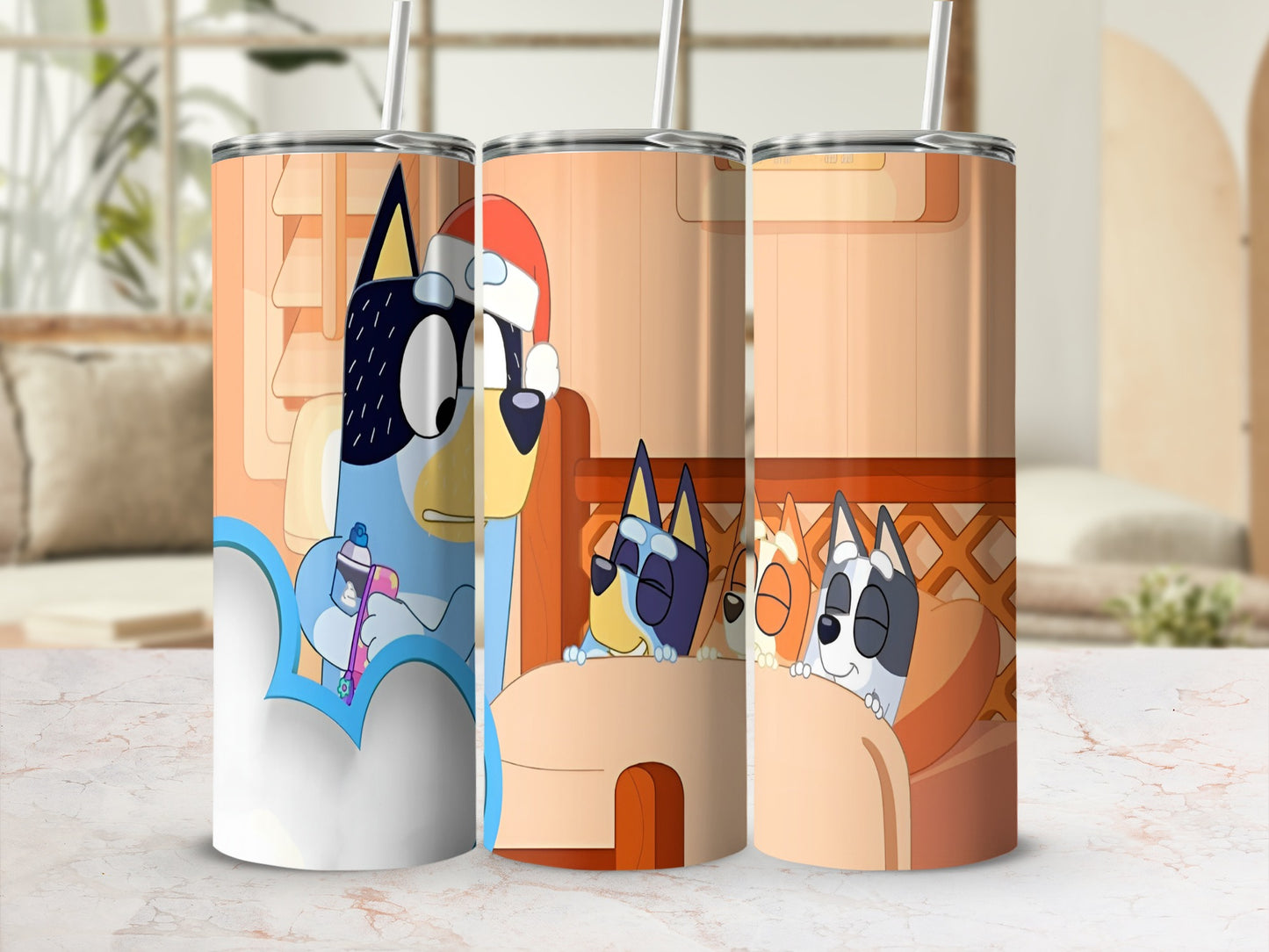 Bluey and Bingo characters sleeping in beds with Santa hats.