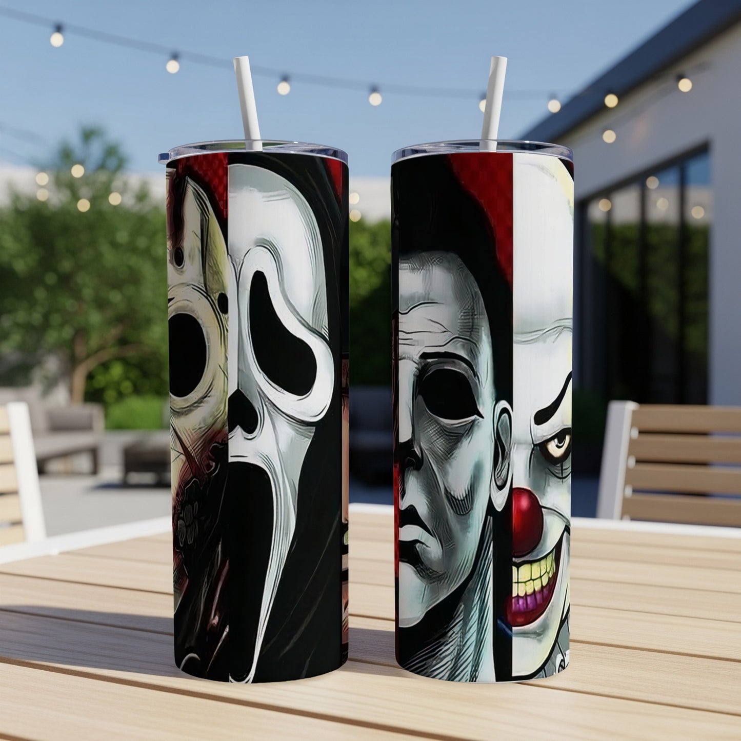 Two tumblers display horror movie characters: Jason, Scream, Michael Myers, and Pennywise.
