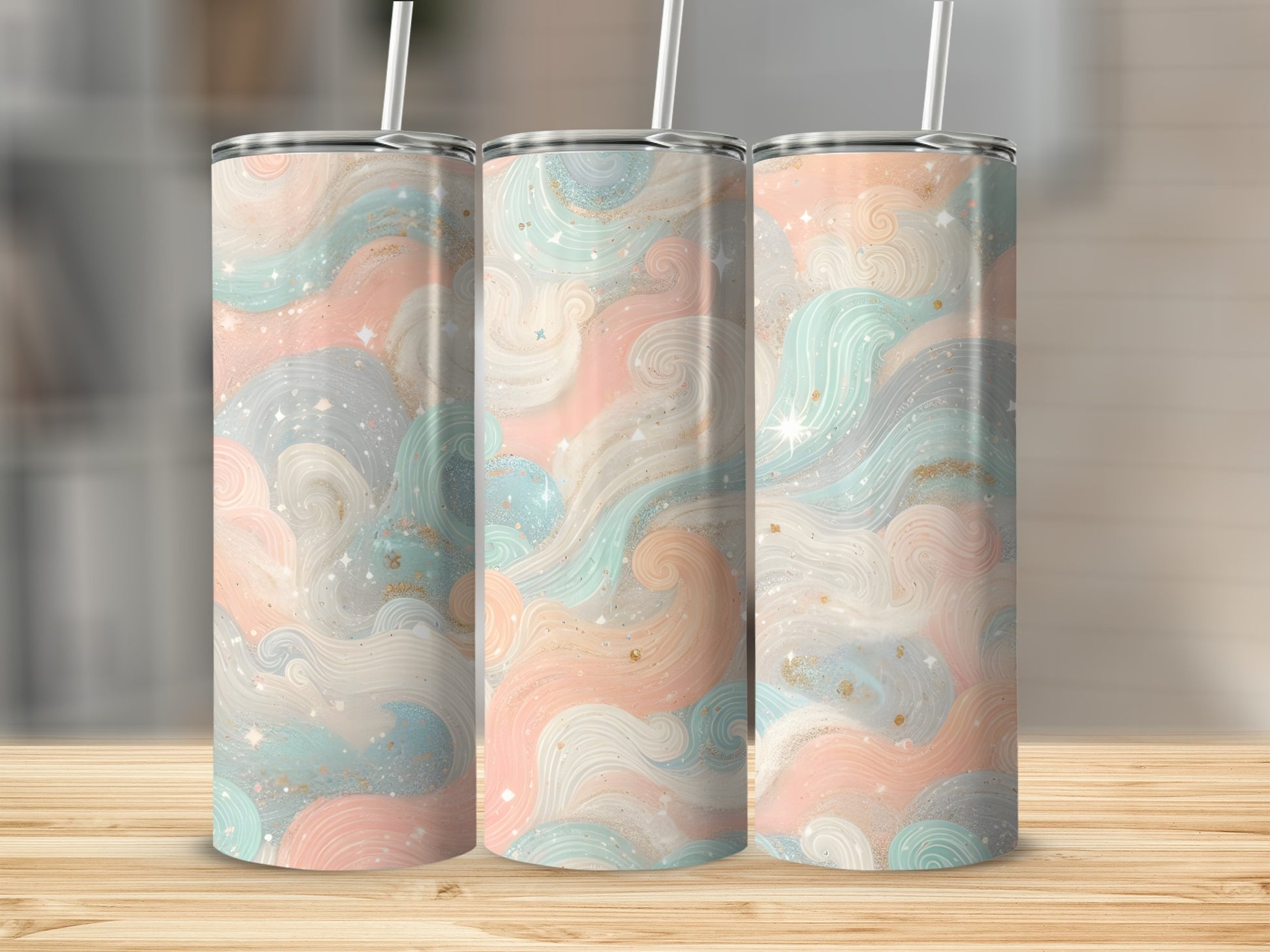 Three tumblers with a pastel wave and glitter design.