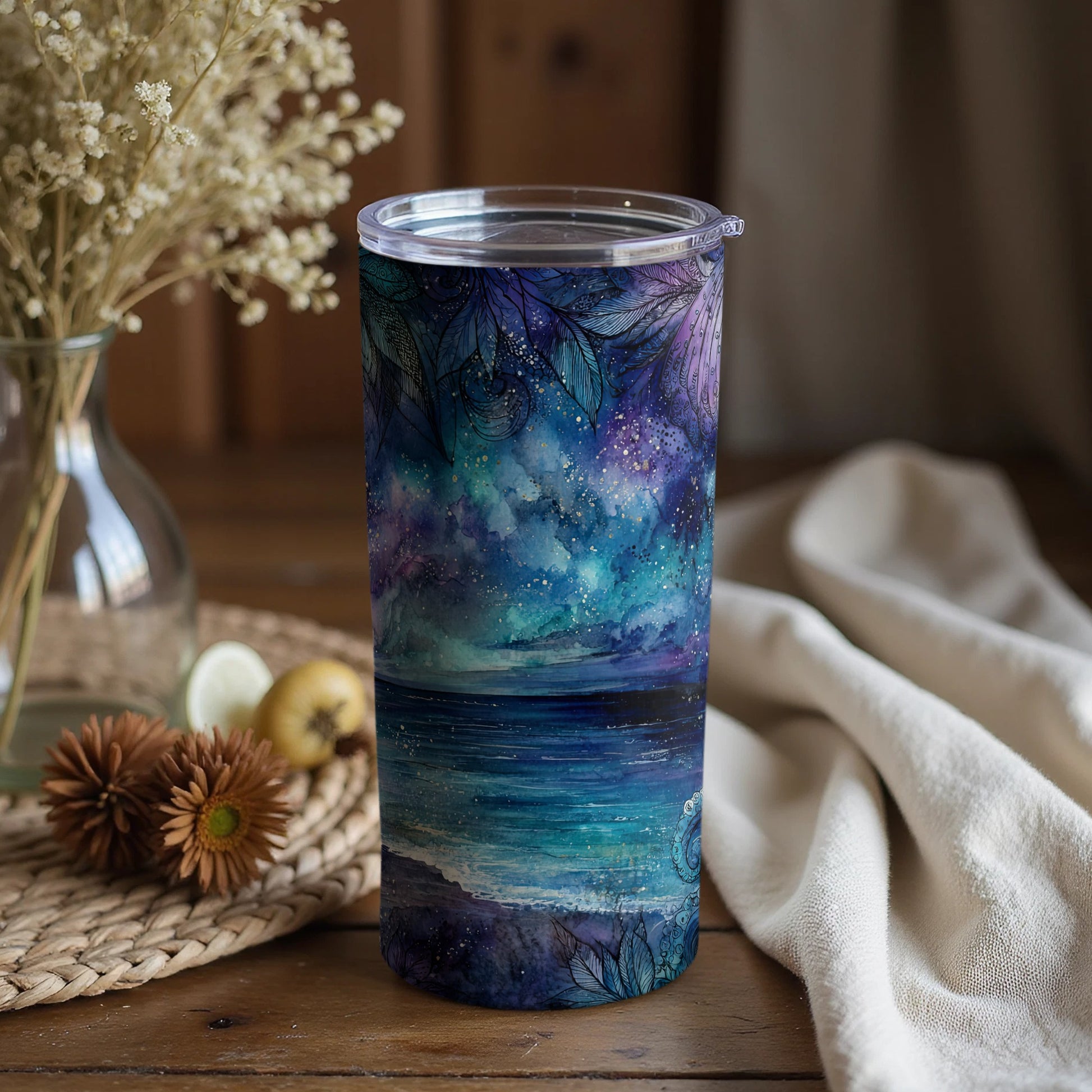 Enchanting Oceanic Landscape with Floral Sky Tumbler
