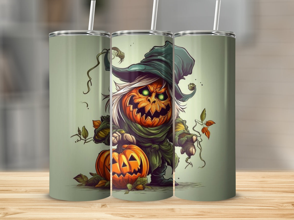 Three tumblers with a cartoon pumpkin scarecrow holding a carved pumpkin.
