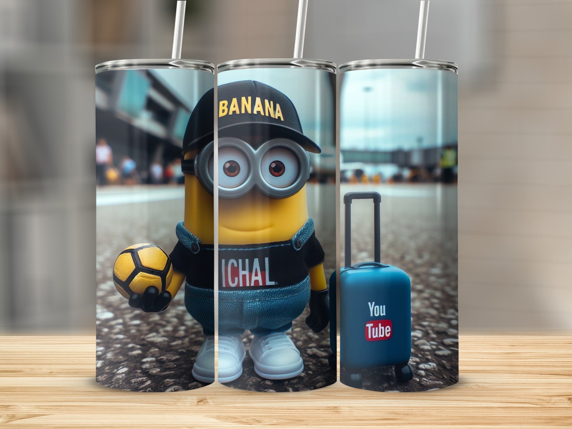 Minion with Banana Hat Soccer Ball and Suitcase Tumbler