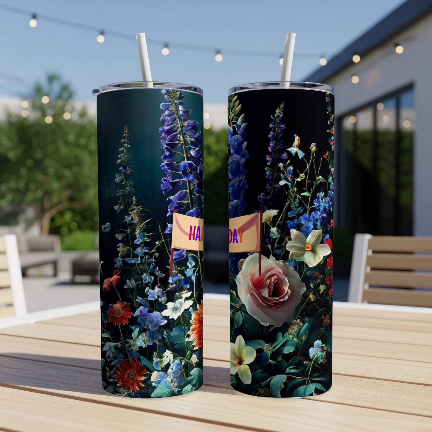 Two tumblers with floral designs and "Happy Birthday" flags.