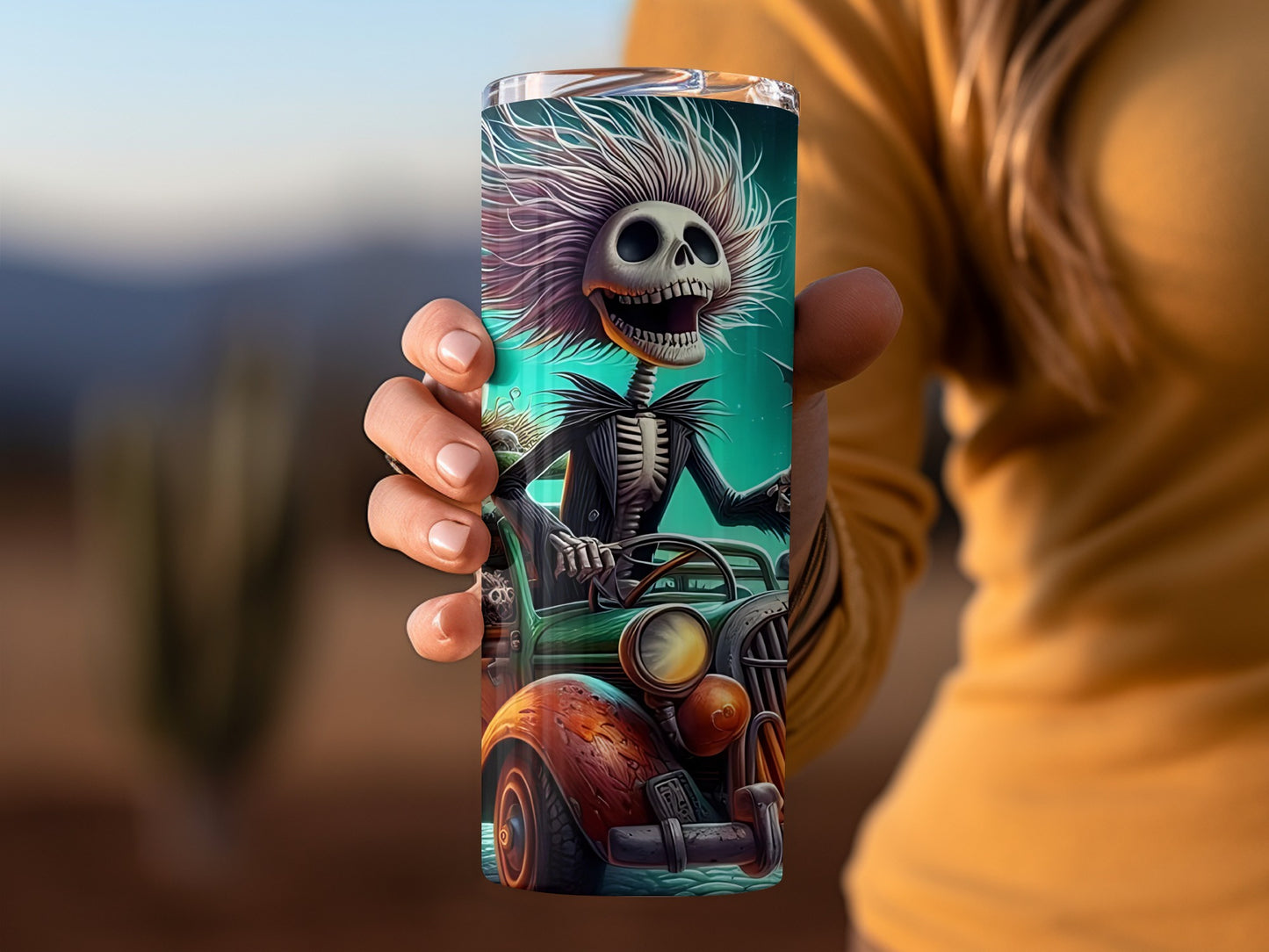 Spooky Skeleton Driving Vintage Car Tumbler Design
