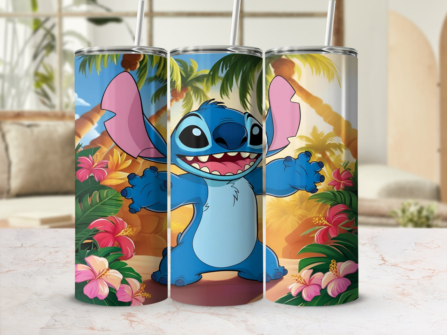 Stitch from Lilo & Stitch smiling with flowers and palm trees.