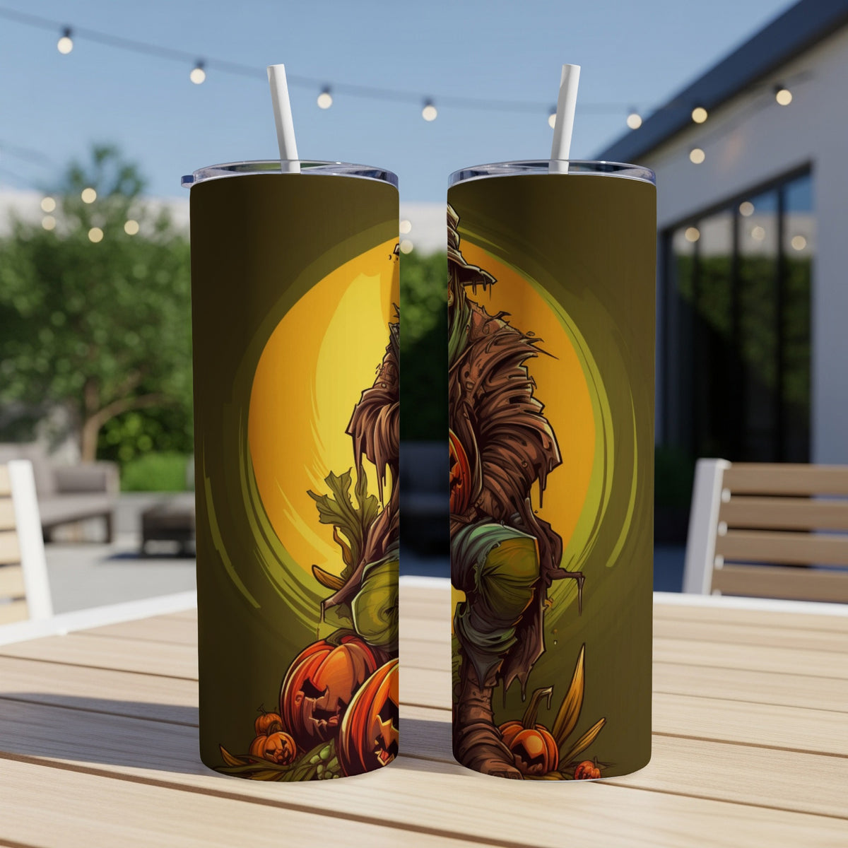 Two tumblers feature a spooky scarecrow and pumpkins against a yellow moon backdrop.