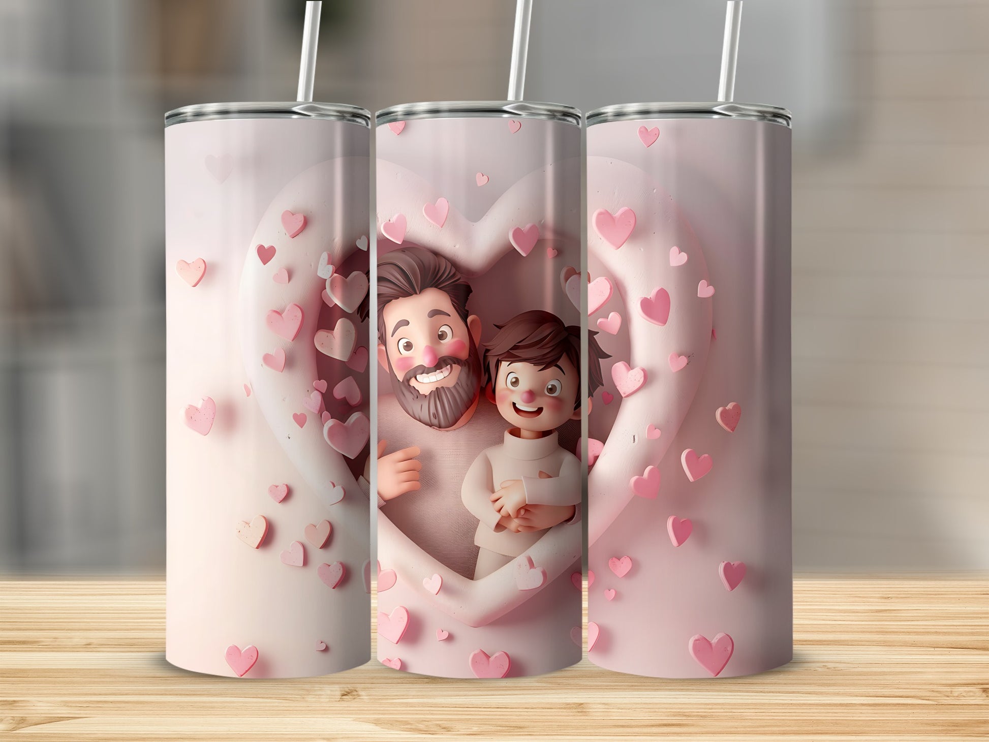 Dad and child embracing, surrounded by pink hearts, on a white tumbler.