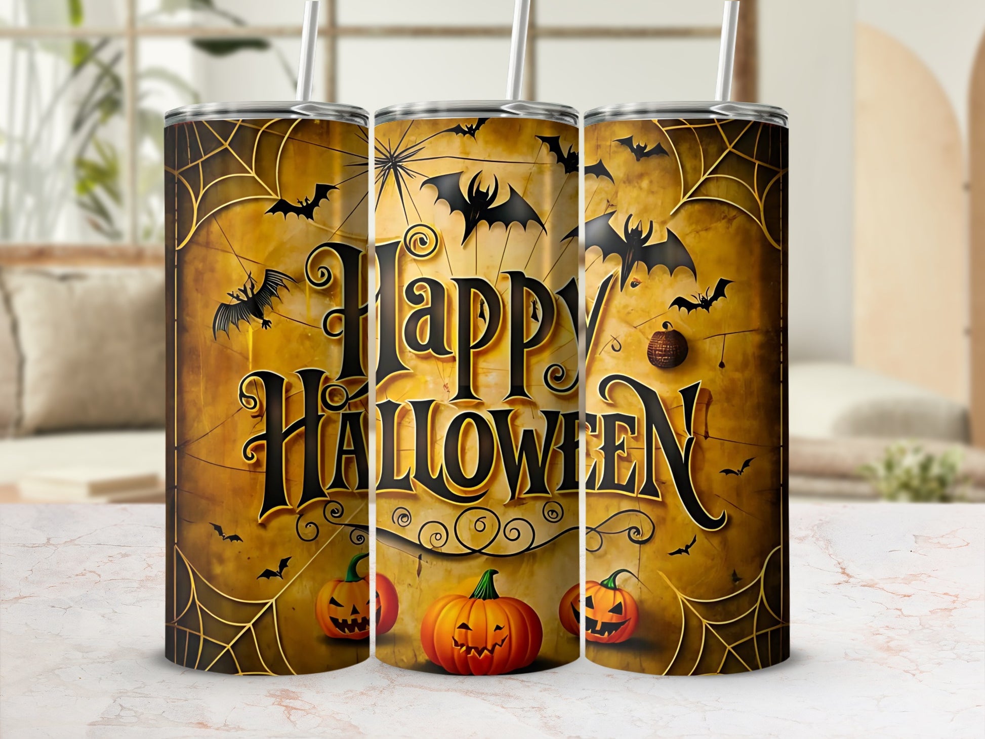 Three Halloween tumblers with bats, spiderwebs, pumpkins, and "Happy Halloween" text.