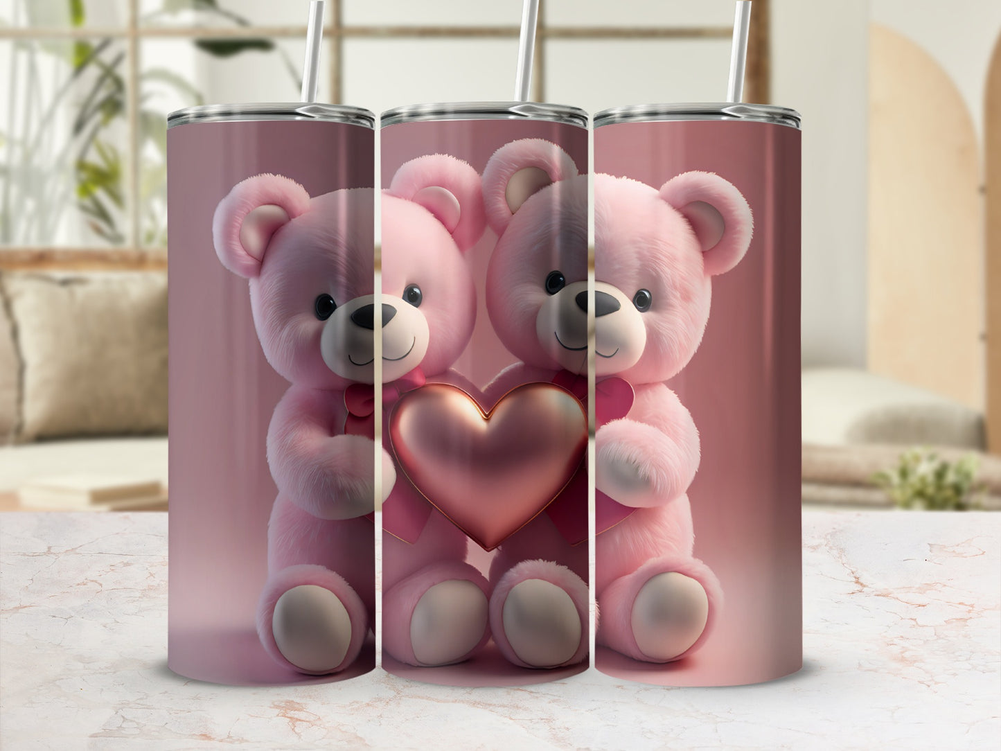 Adorable Pink Teddy Bear with Heart Stainless Steel Tumbler