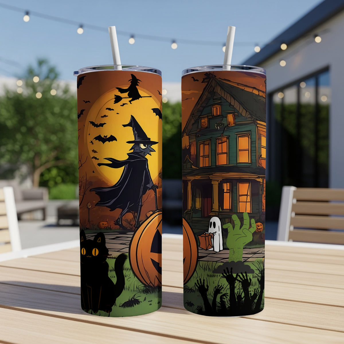Halloween tumblers featuring a witch, haunted house, black cat, and zombies.