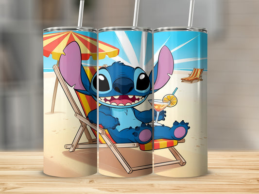 Stitch sitting in a beach chair with a drink, on a tumbler.