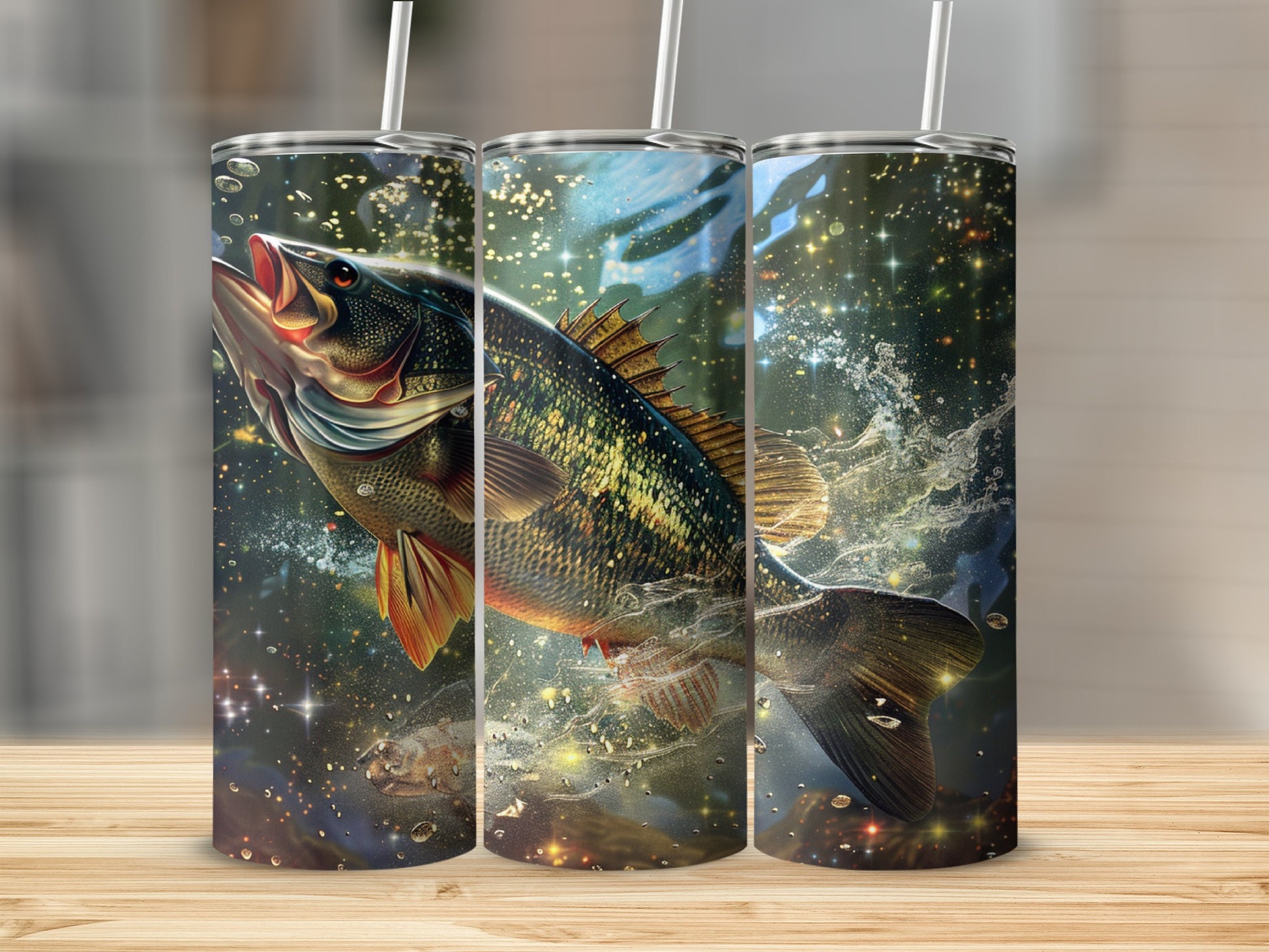 Largemouth bass leaping from water with sparkling bubbles and starry background.