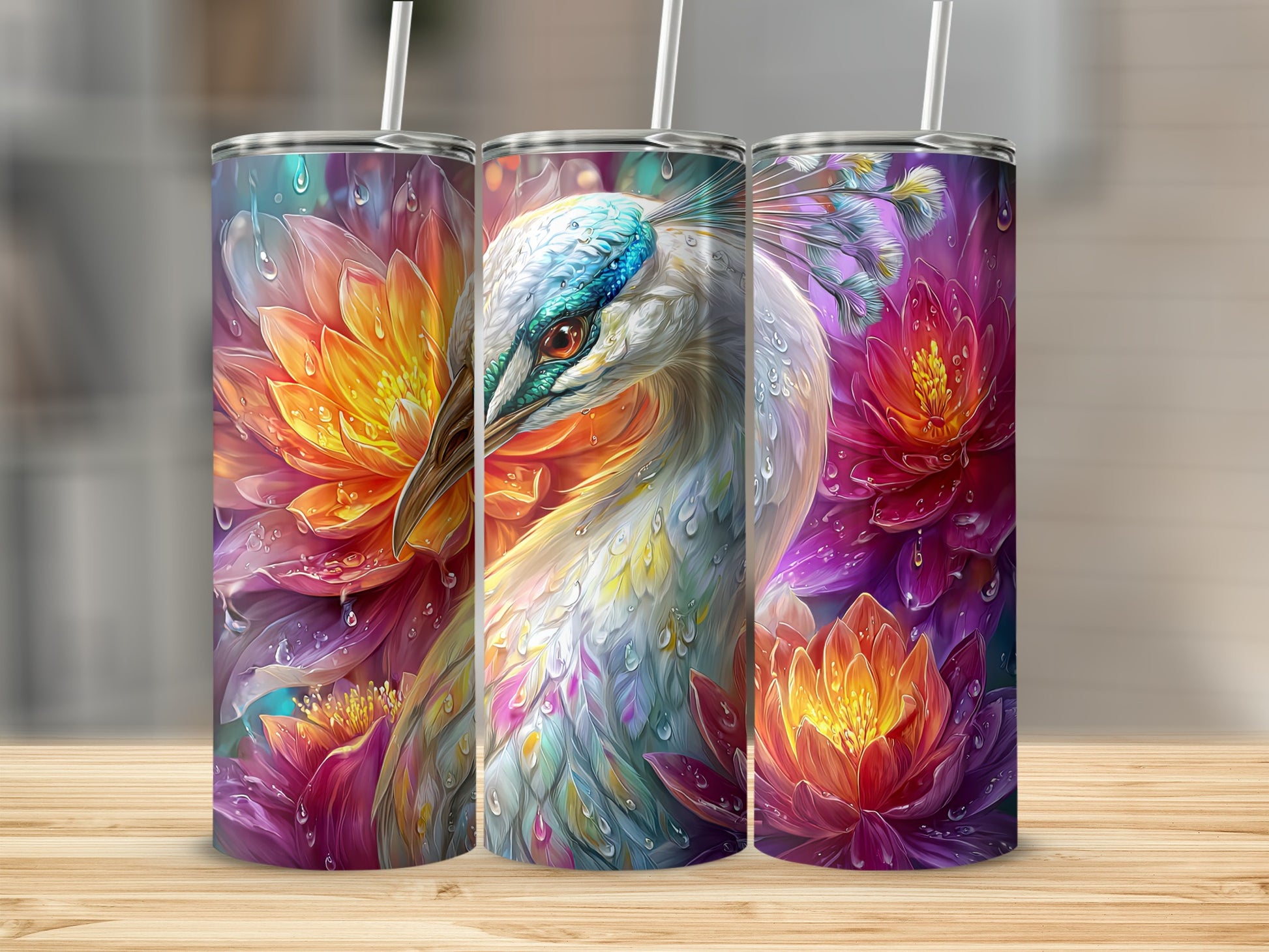 Colorful Peacock and Flower Design Tumbler Cup