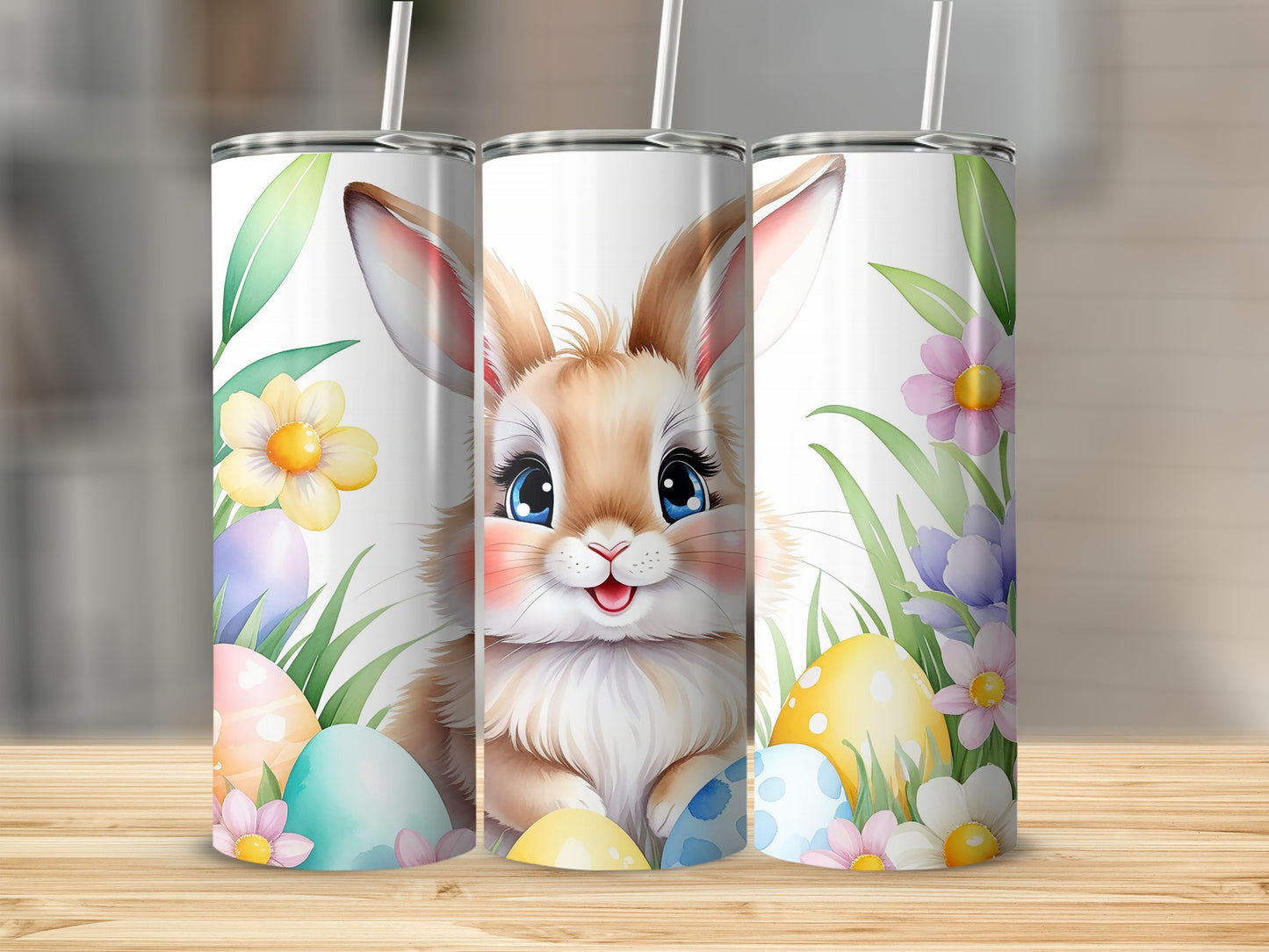 Easter bunny and decorated eggs with flowers on a tumbler.