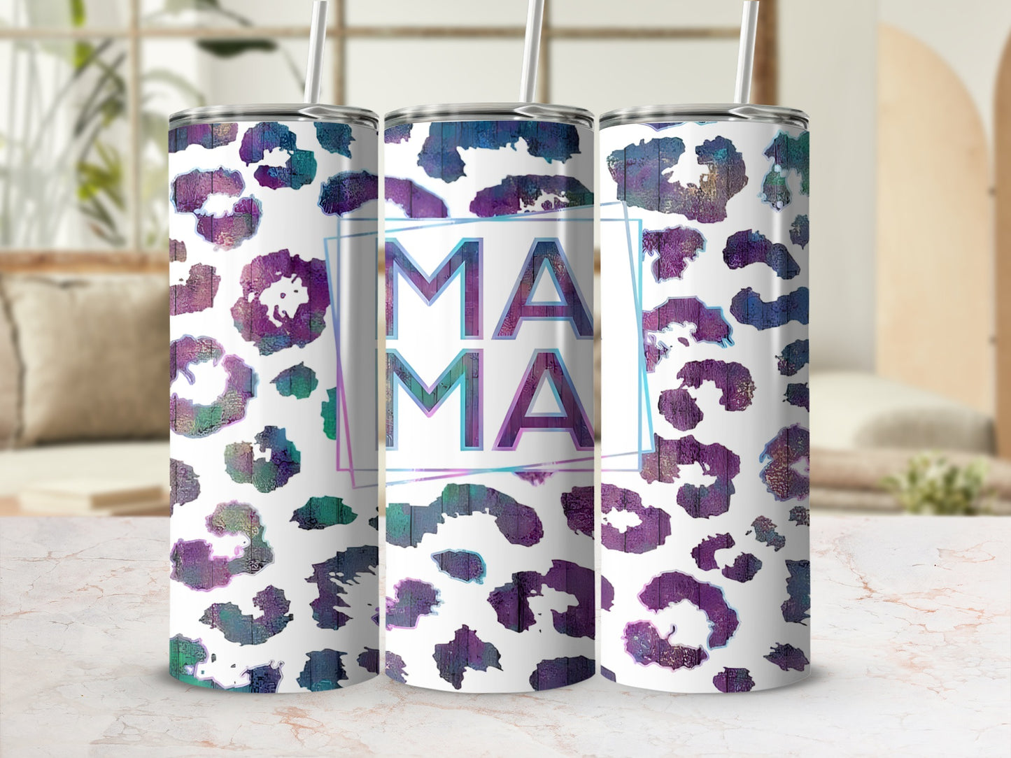 Tumbler with leopard print and "Mama" text in a blue border.