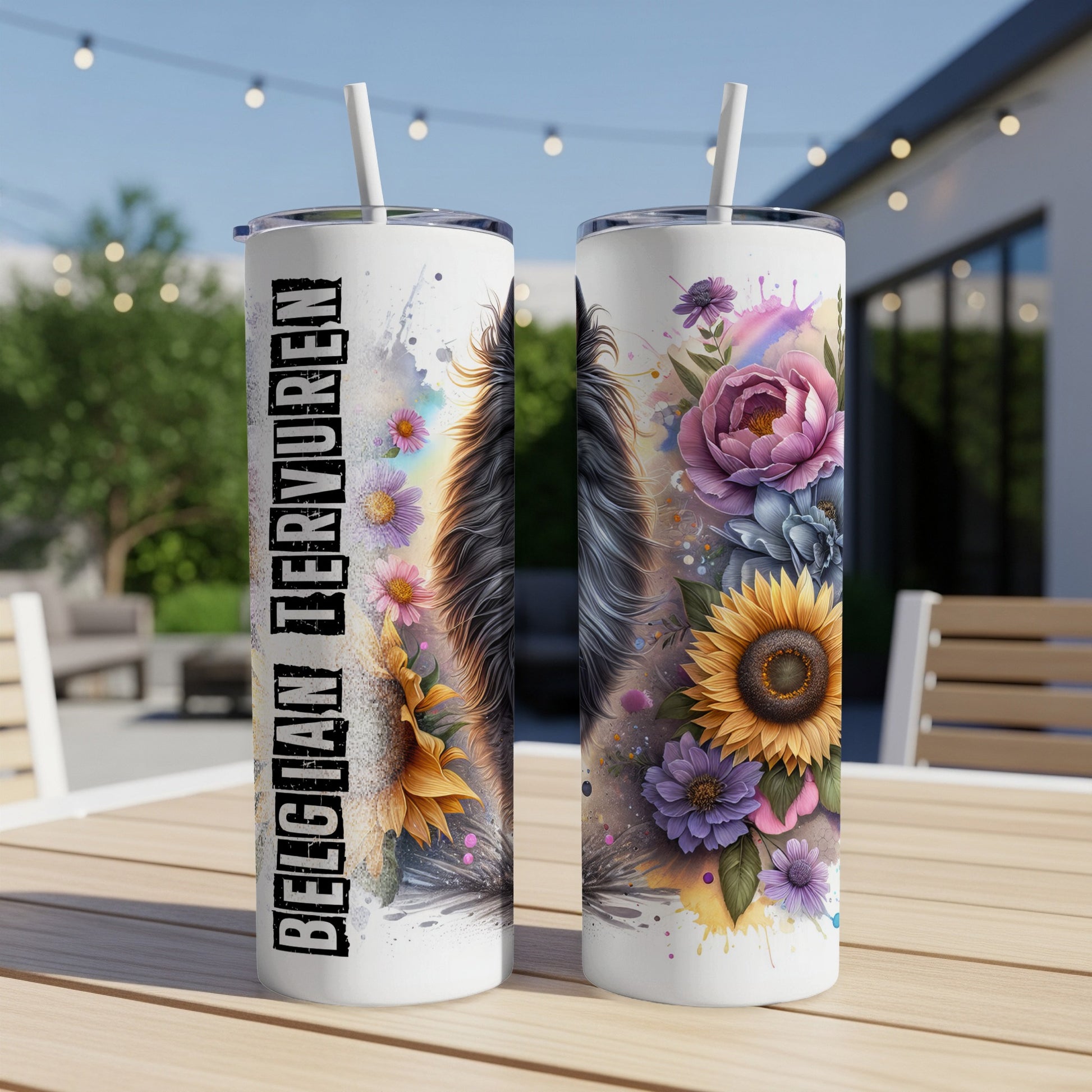 Belgian Tervuren dog with floral watercolor design on two tumblers.