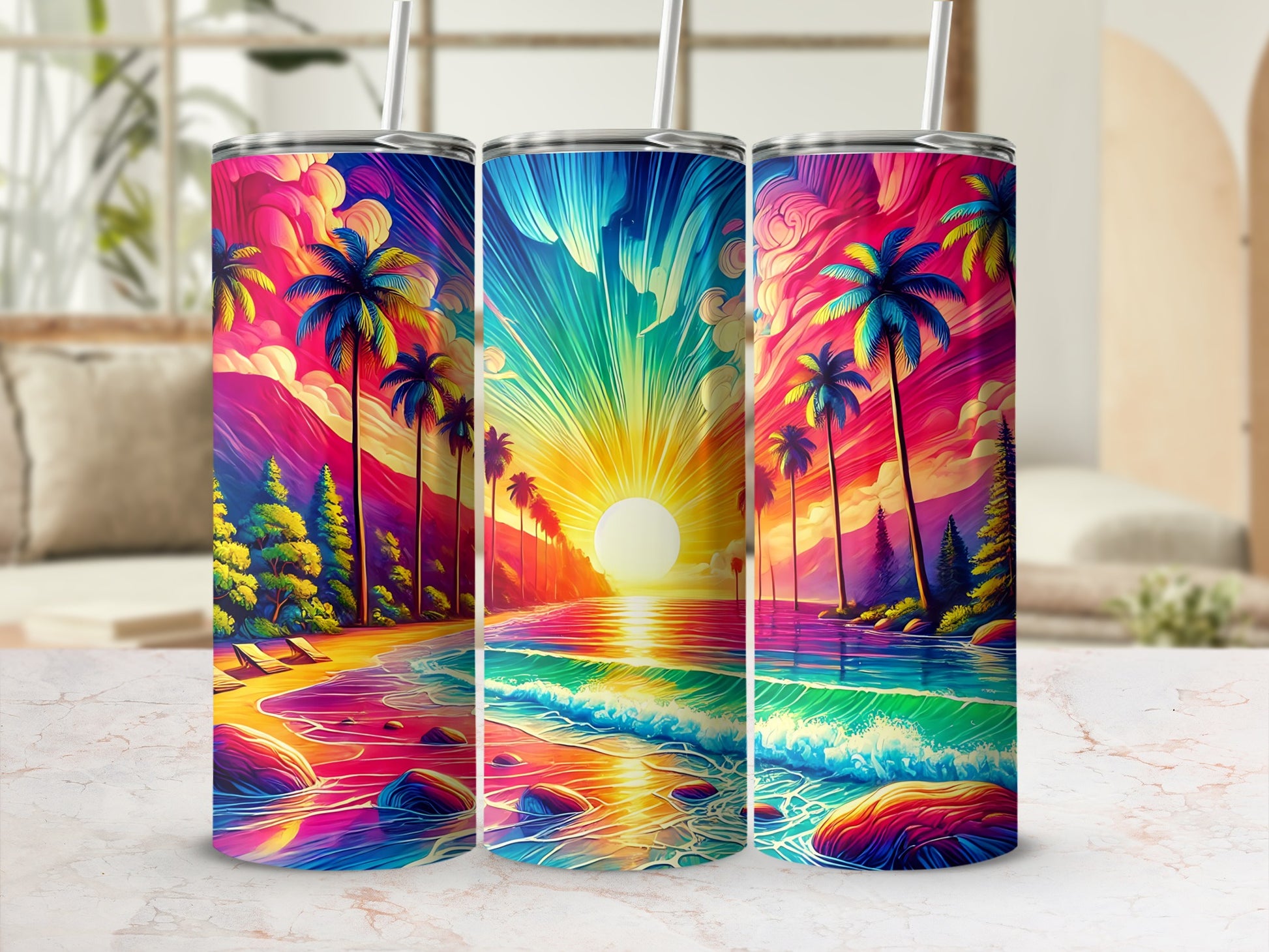 Colorful beach sunset with palm trees on three tumblers.