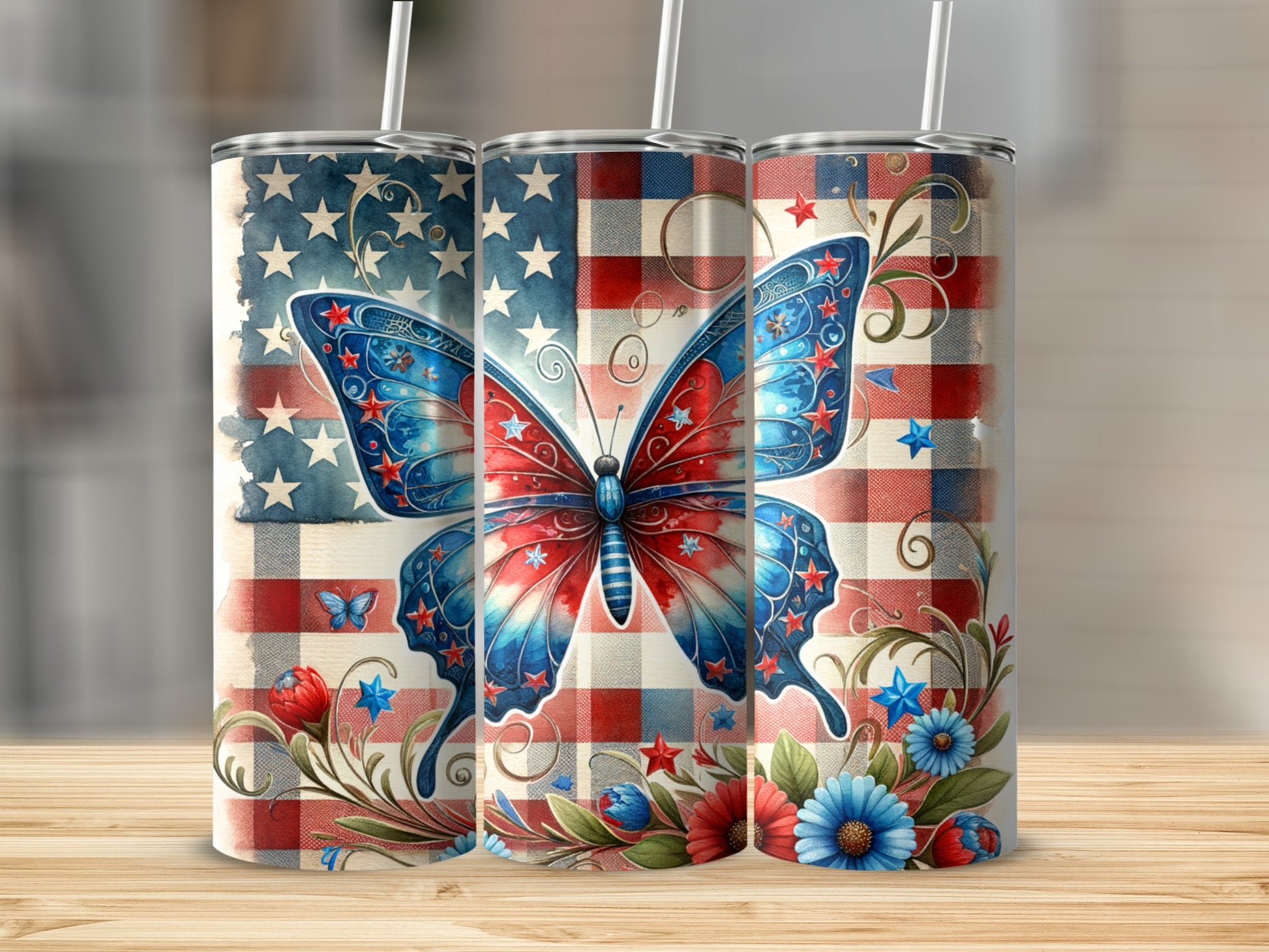 Patriotic butterfly tumbler with red, white, and blue stars and flowers.