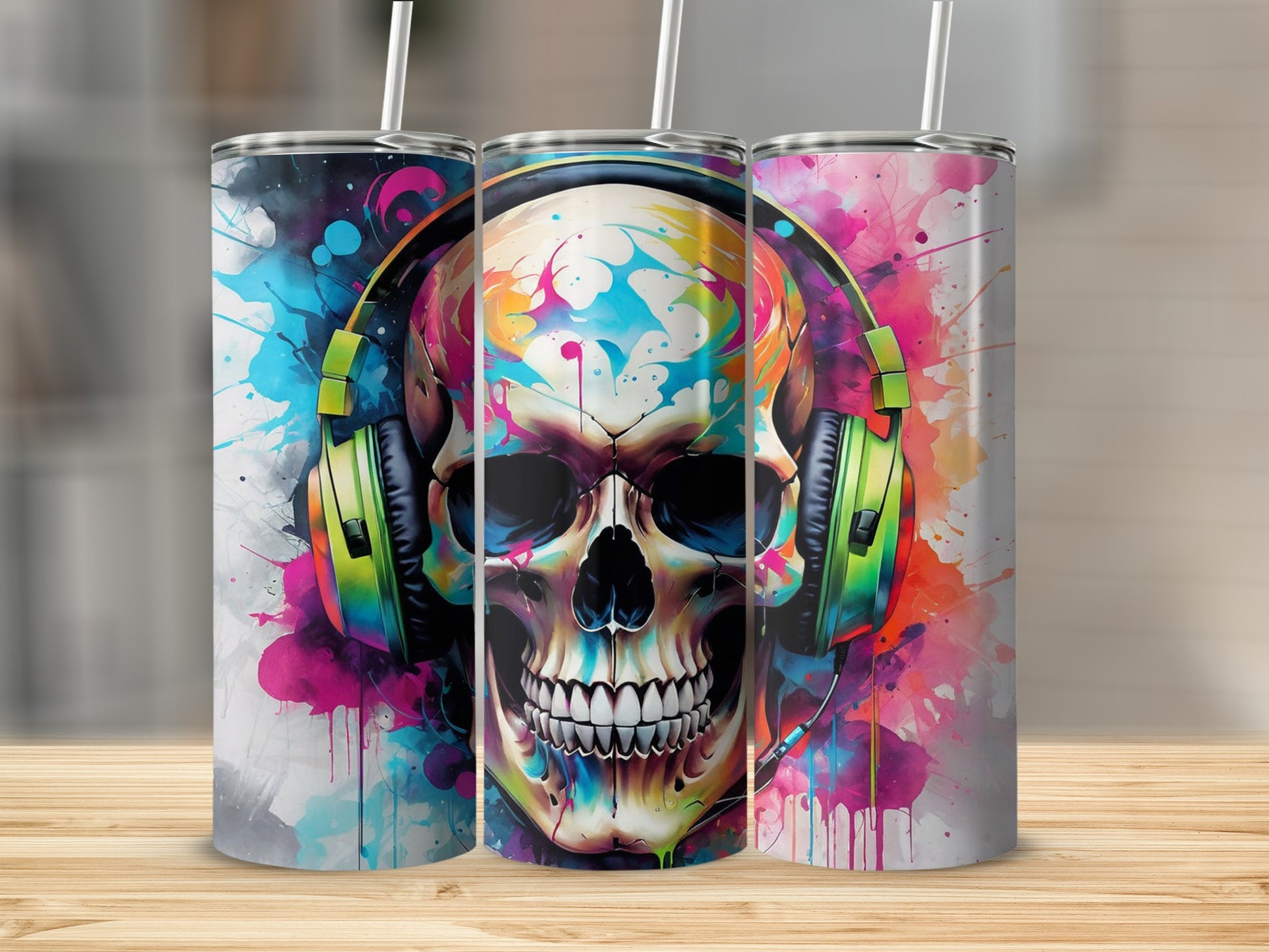 Vibrant Skull with Headphones Abstract Tumbler Design