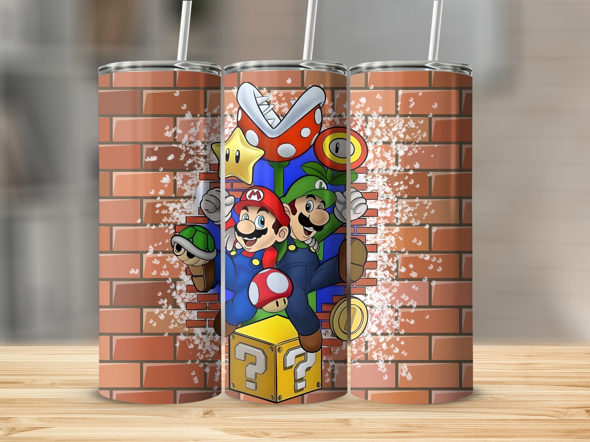 Retro Mario and Luigi Brick Wall Design Tumbler