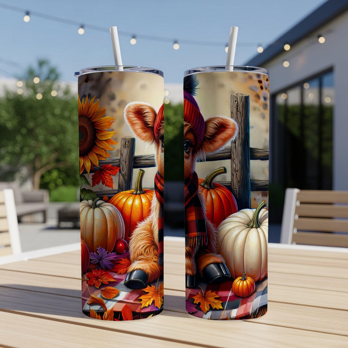 Cow with pumpkins and sunflowers on a fall-themed tumbler.