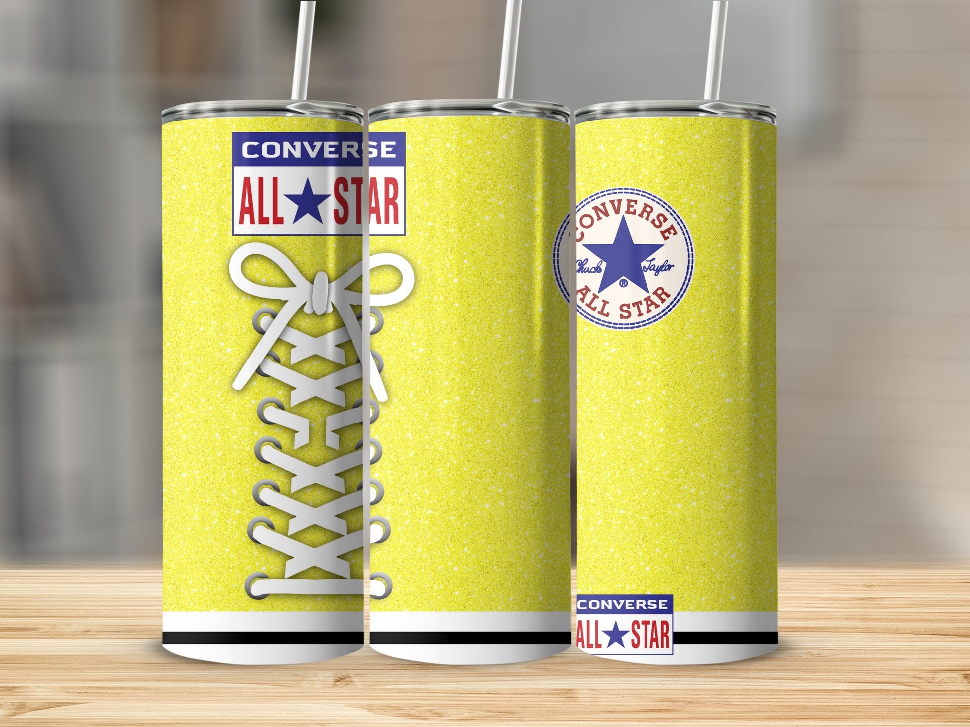 Yellow glitter tumbler with Converse All Star logo and shoelace graphic.