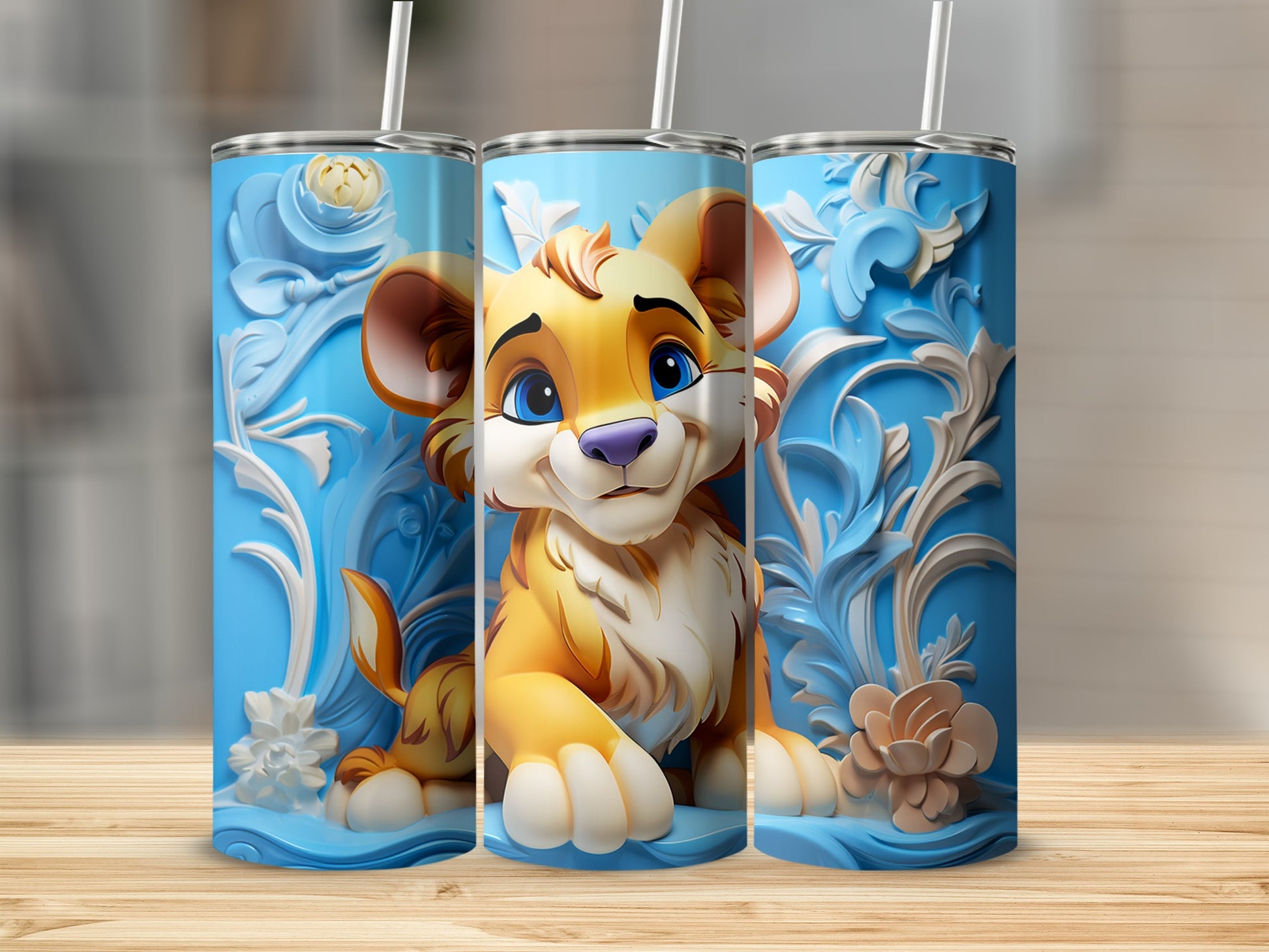 Adorable Lion Cub Tumbler with Floral Design