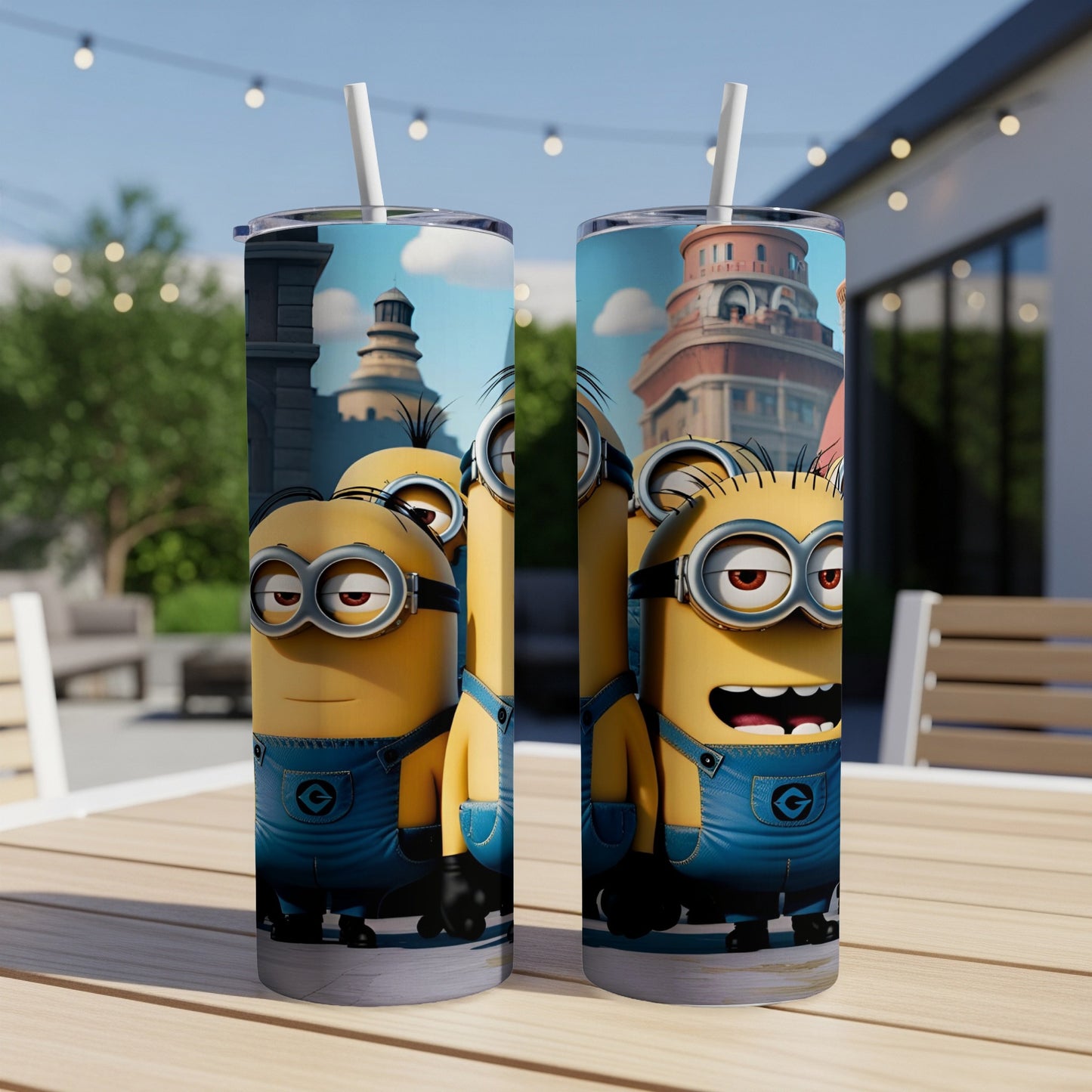 Two Minions standing, featuring blue overalls and goggles, on a wooden table.