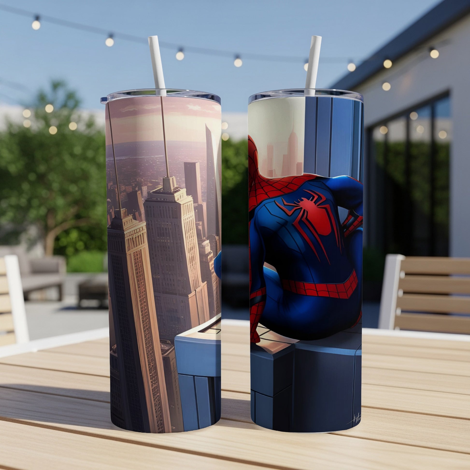Spider-Man looking over a city skyline from a skyscraper ledge.