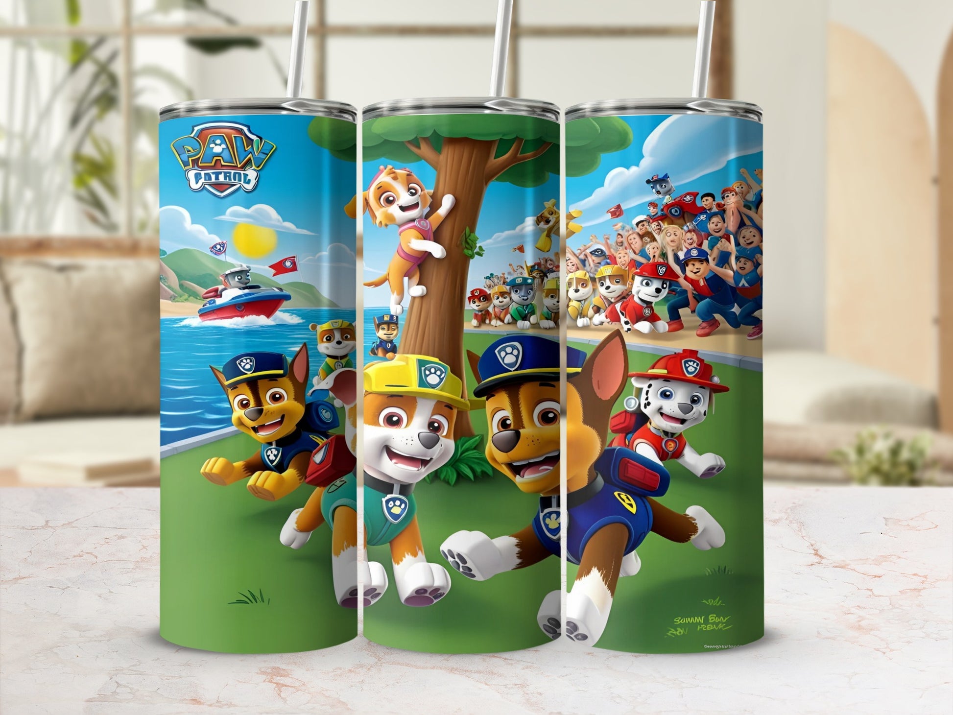 Paw Patrol characters Chase and Marshall on a tumbler with Skye and Ryder in the background.