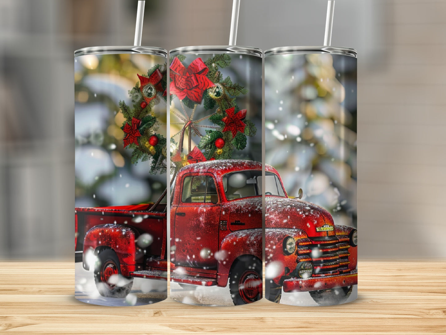 Red vintage pickup truck with Christmas wreath on snowy forest background.