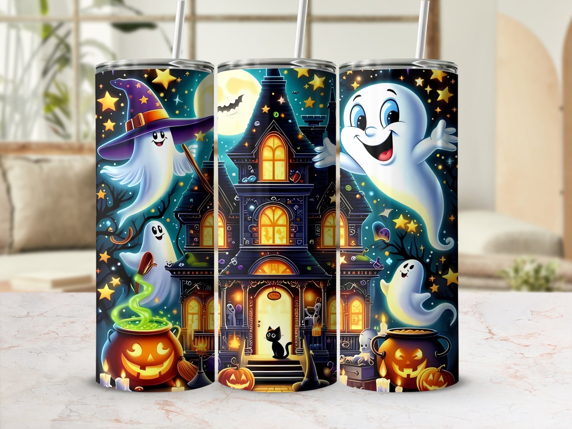 Halloween scene with ghosts, haunted house, pumpkins, and cauldrons on three tumblers.