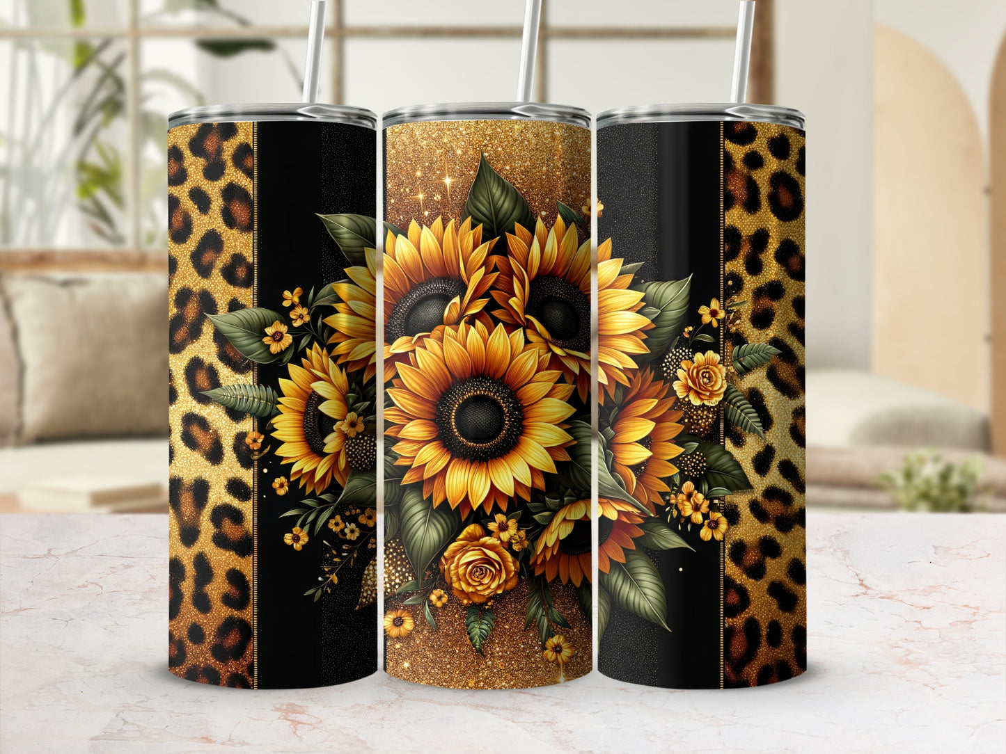 Sunflower and Leopard Print Design Tumbler Cup