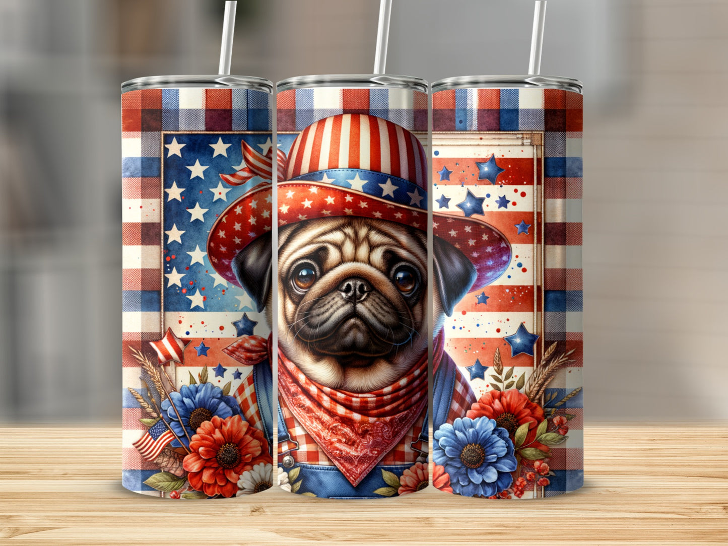 Pug in patriotic hat and bandana with red, white, and blue floral accents.