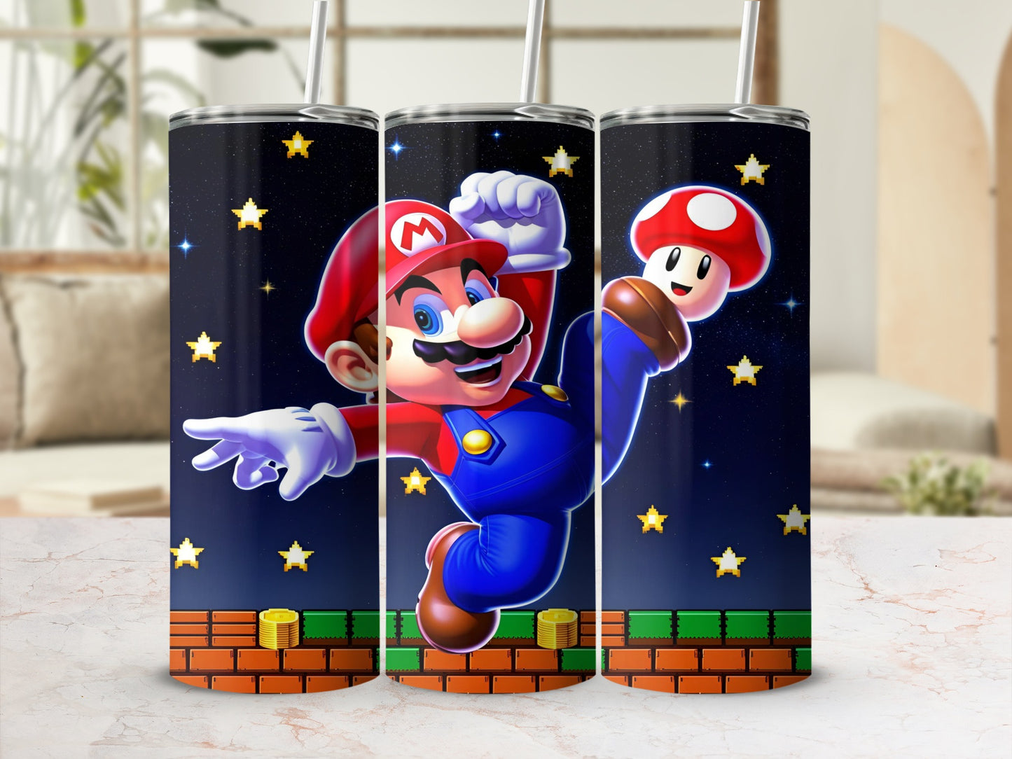 Mario character jumping, holding a mushroom, against a starry background with coins.